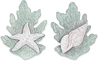 Vista 1 de T.I. Design Estrellas de mar de madera tallada a mano y concha de turbante en arrecife Juego de 2 decoración de pared de playa con conchas costeras