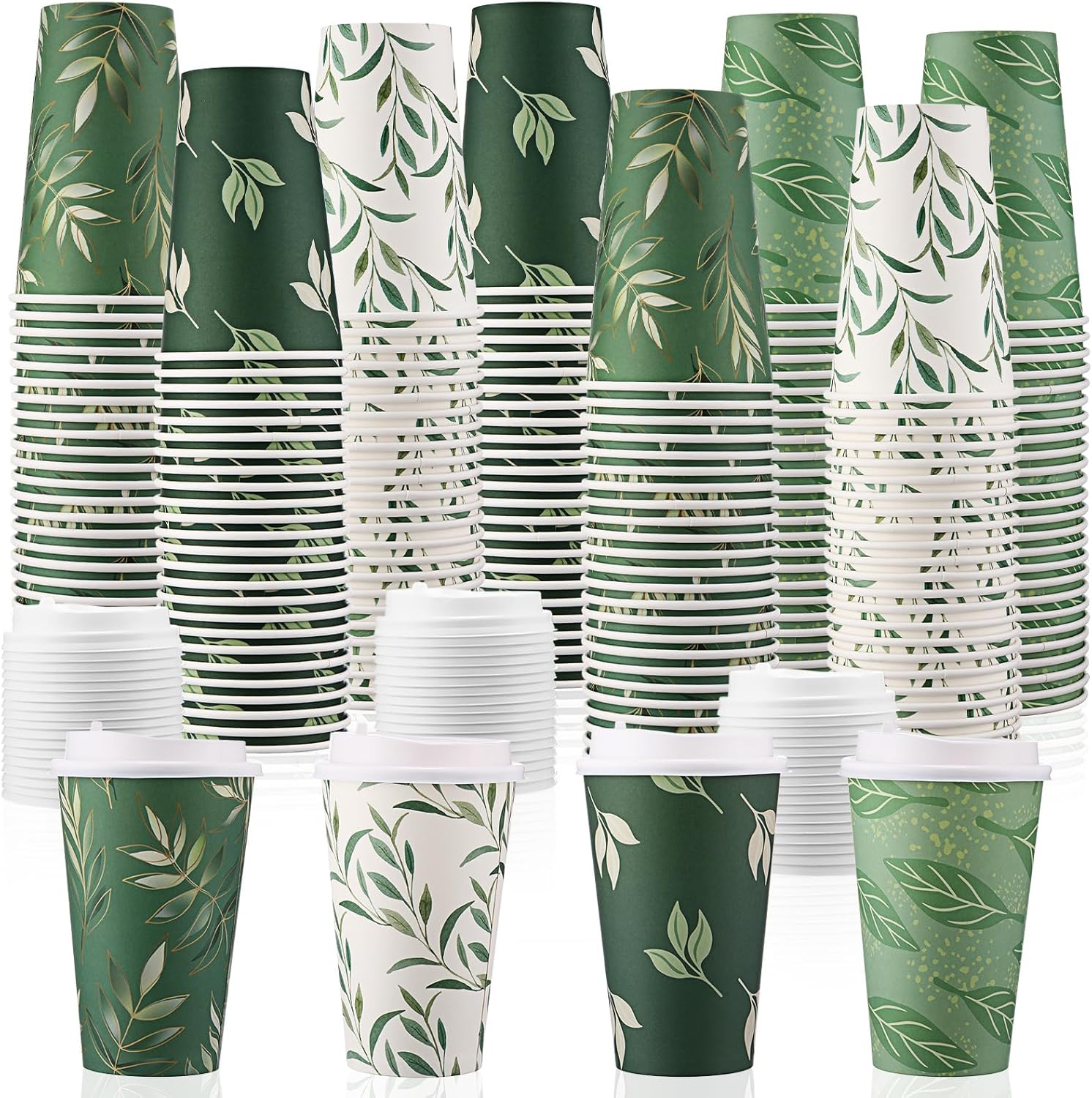 Zopeal 100 Pcs 16 oz Spring Disposable Coffee Cups with Lids 4 Sage Green Themed Pattern Paper Cups Travel Disposable Coffee Mugs for Spring Dinner Event Decoration Wedding Kitchen Restaurant Supplies