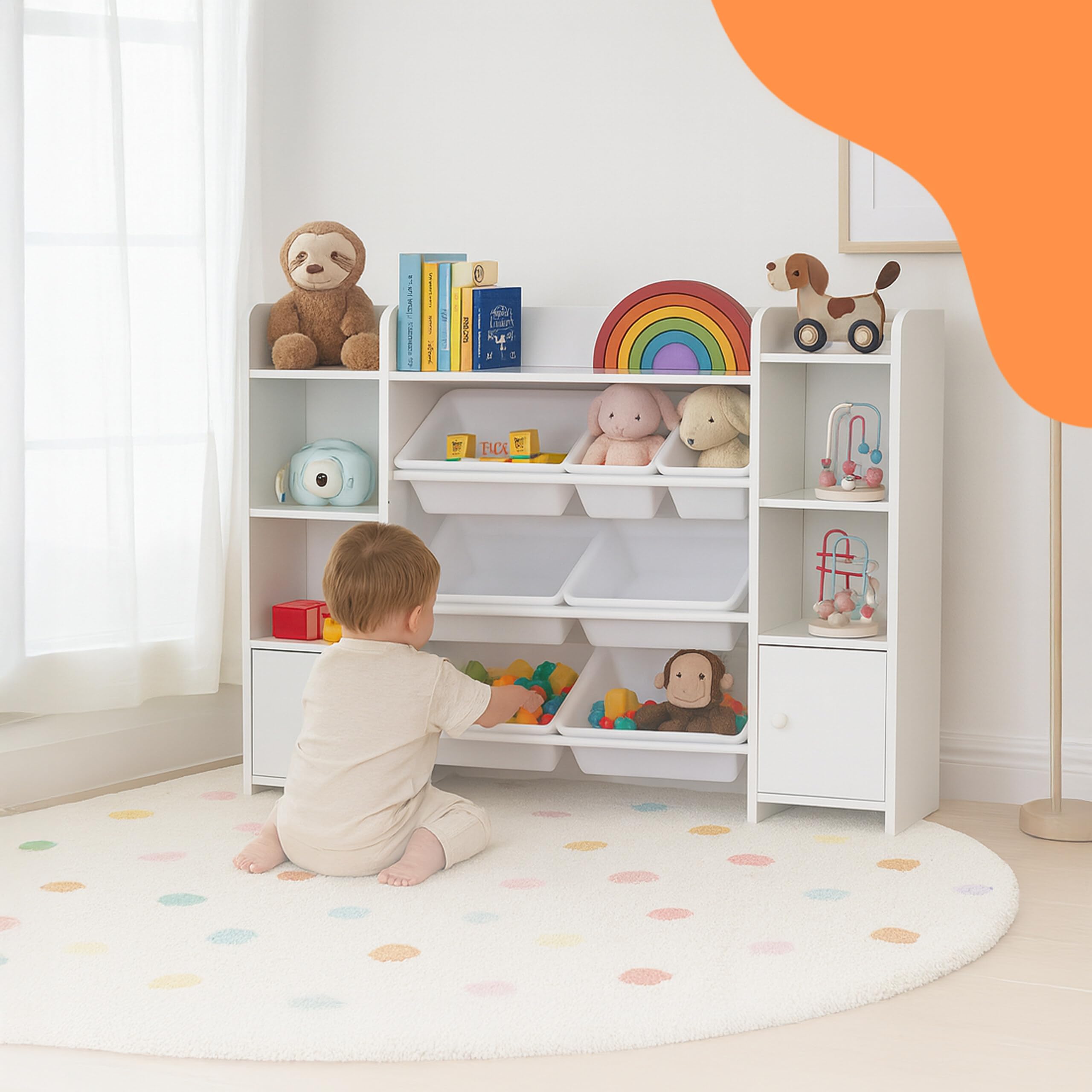 Relaxdays Scaffale Libreria per Bambini, 8 Scatole Portagiochi e Ripiani per Libri, HLP: 94x139x30 cm, MDF e PE, Bianco