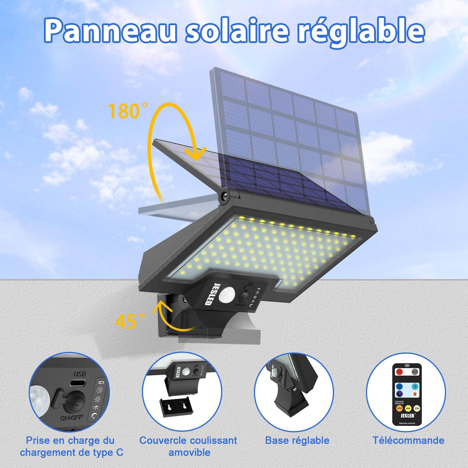 JESLED Lampe Solaire Extérieur avec Télécommande pour Jardin 3 températures de couleur De Mouvement, 2600mAh, 4 Modes, Applique Murale De Sécurité étanche Sans Fil, 4 Paquet