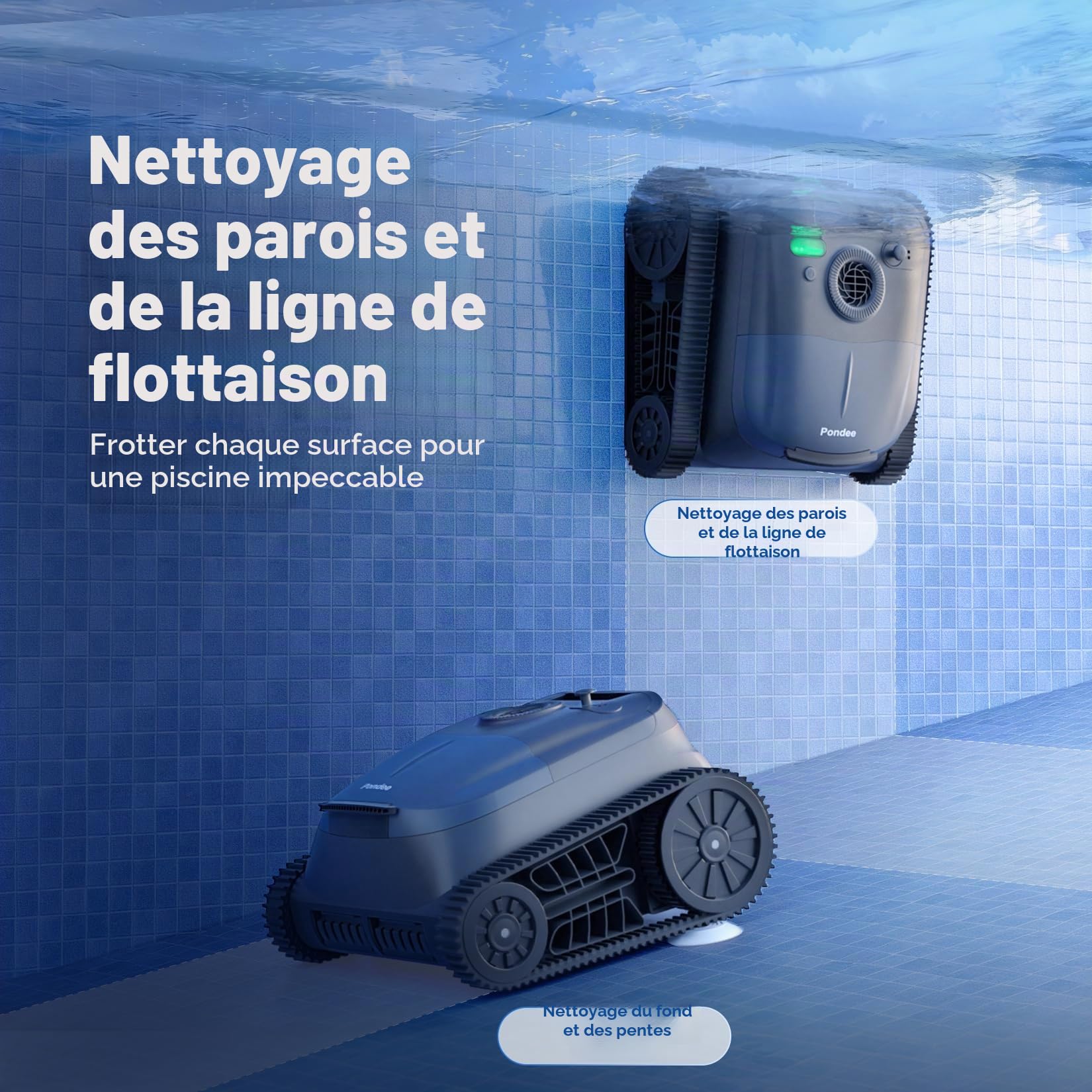 (Upgrade 2026) Pondee X5 Robot de Piscine sans Fil Fond et Parois, Aspirateur 21 m³/h Saugkraft, Navigation Intelligente, 3 Moteurs Brushless, Autonomie 180 Min, Ligne d'eau, Bassins jusqu'à 300m²