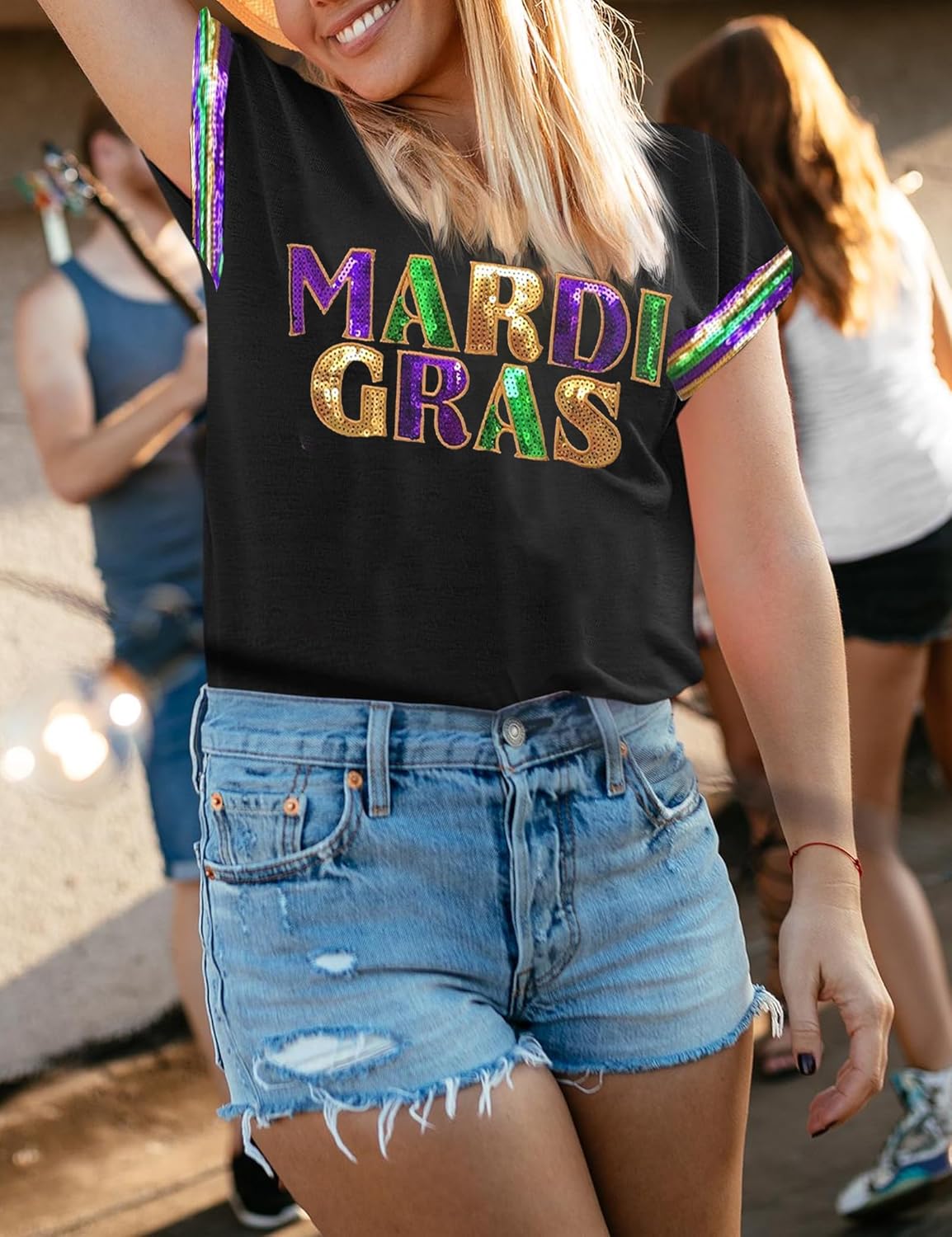 Mardi Shirt for Women Glitter Mask Graphic Tee Short Sleeve Carnival New Orleans Party Tee Top - Image 3