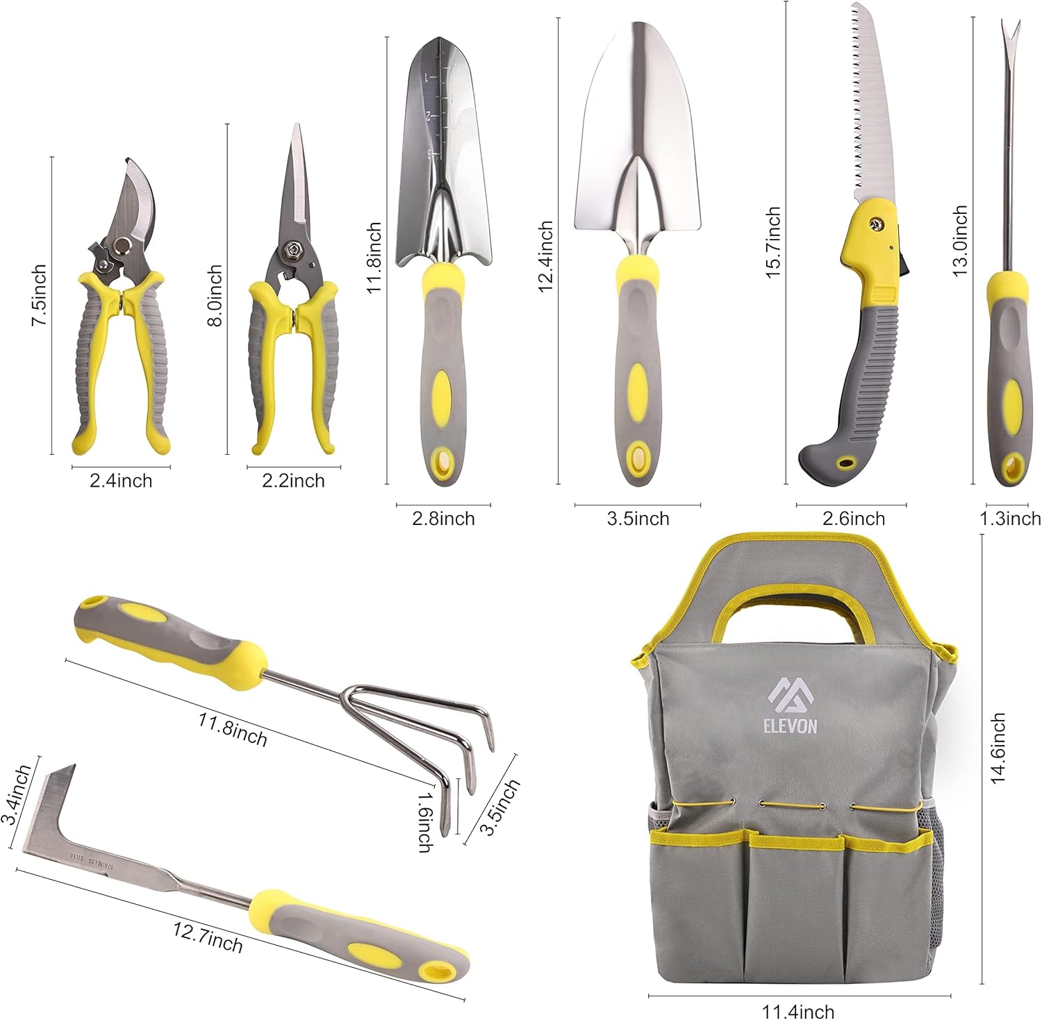 Elevon Garden Tool Set, 9 PCS Stainless Steel Heavy Garden Tools, Garden Tool Set with Waterproof Storage Bag, Suitable for Planting, Digging and Pruning, The Best Choice for Garden Lovers