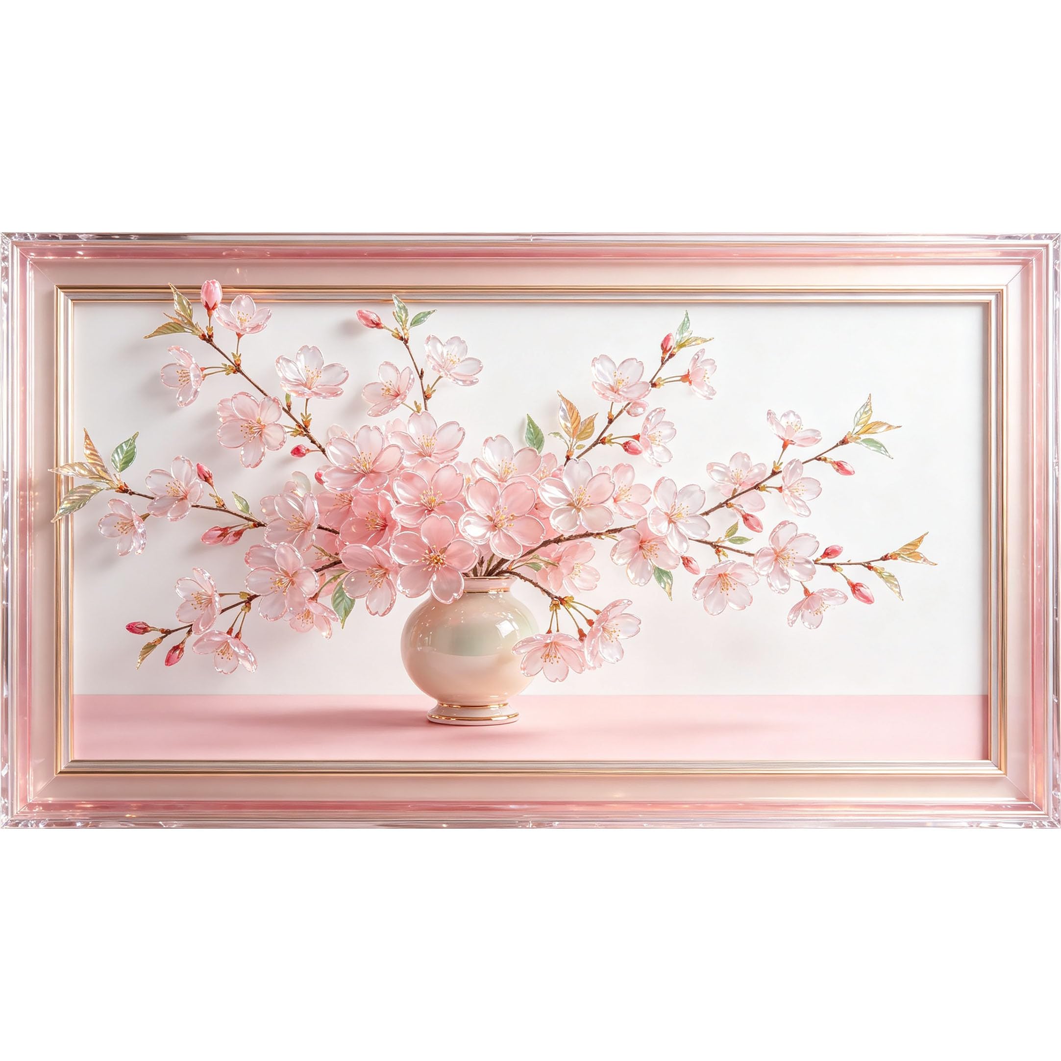 QZLITHOTIC 50x90cm3D Framed Wall Art， Pink Cherry Blossom Floral Vase Botanical Self‑Adhesive Mural， Water‑Activated Peel & Stick Fabric Decor Wall Decal for Bedroom Living Room