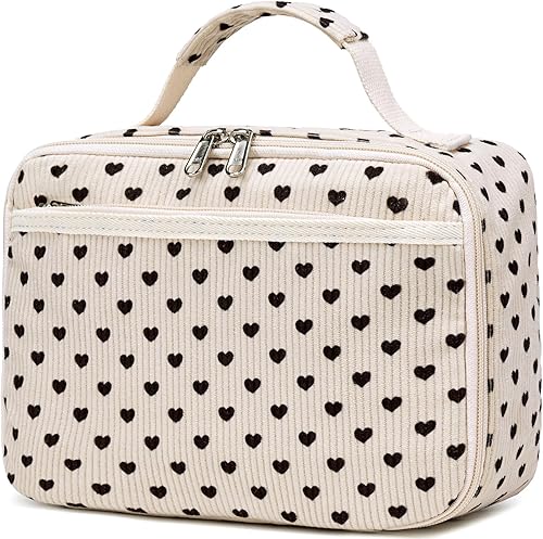 Lonchera infantil de pana con aislamiento térmico para niñas, kit de bolsa de almuerzo reutilizable para viajes escolares (corazón)