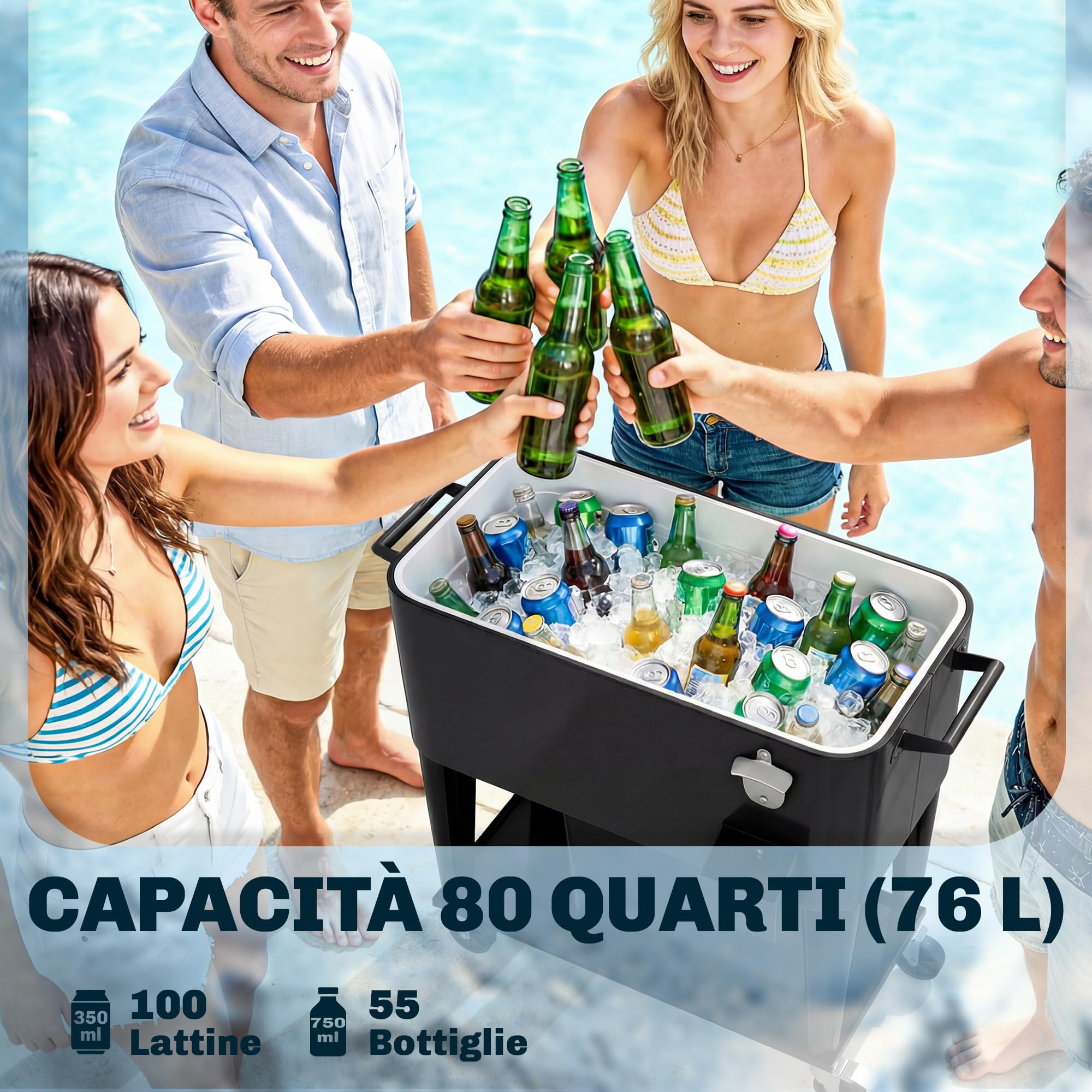 Outsunny Nevera de jardín de 76 l, carro para comida de jardín con estante, abrebotellas, ruedas bloqueables, archivador de tapones, portátil para bebidas, bar, patio y fiestas, color negro