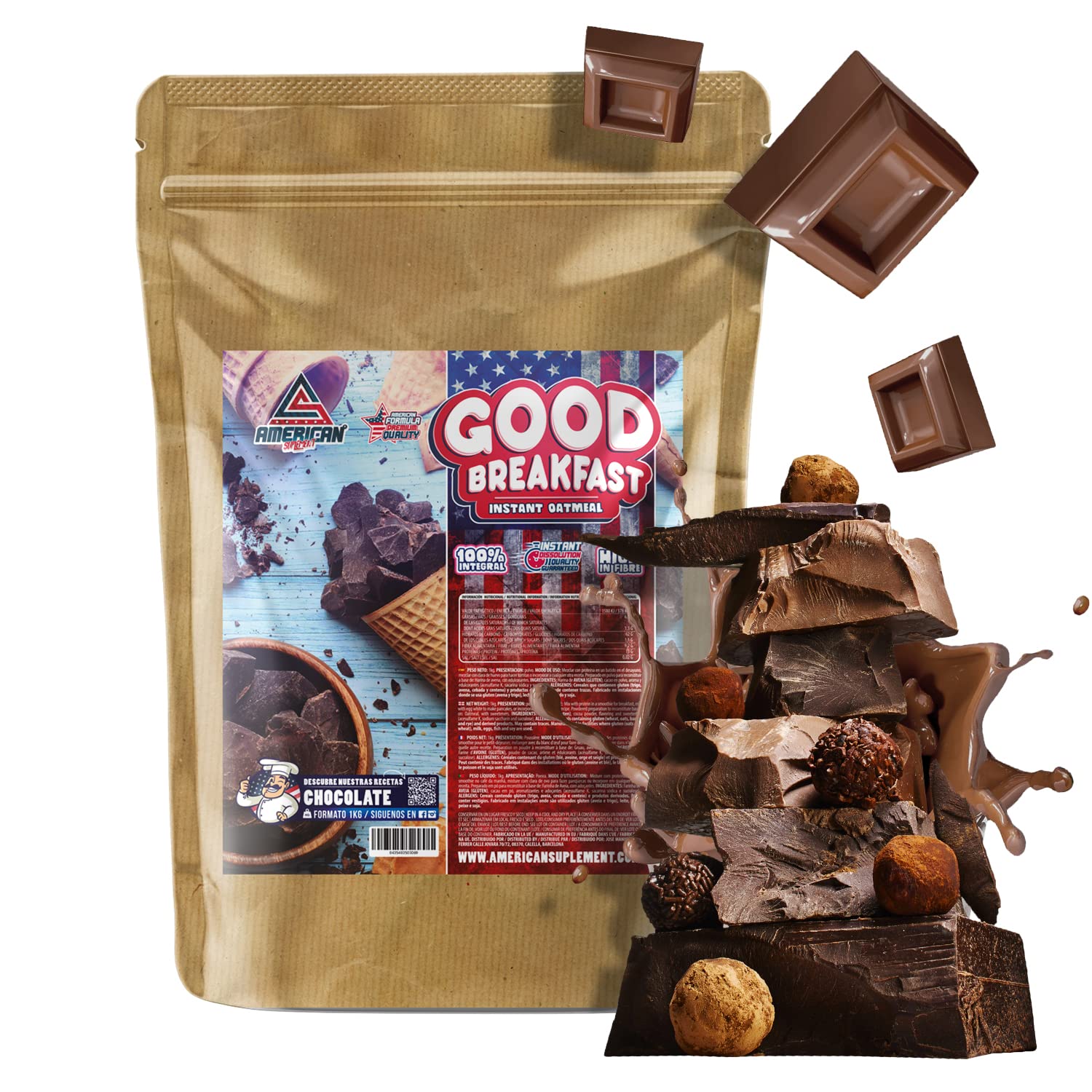 AS American Suplement | Farine d'Avoine Complète | Faible en Sucres et en Graisses | Source de Fibres de Qualité et Riche en Protéines | Idéale pour des Desserts Sains | Chocolat