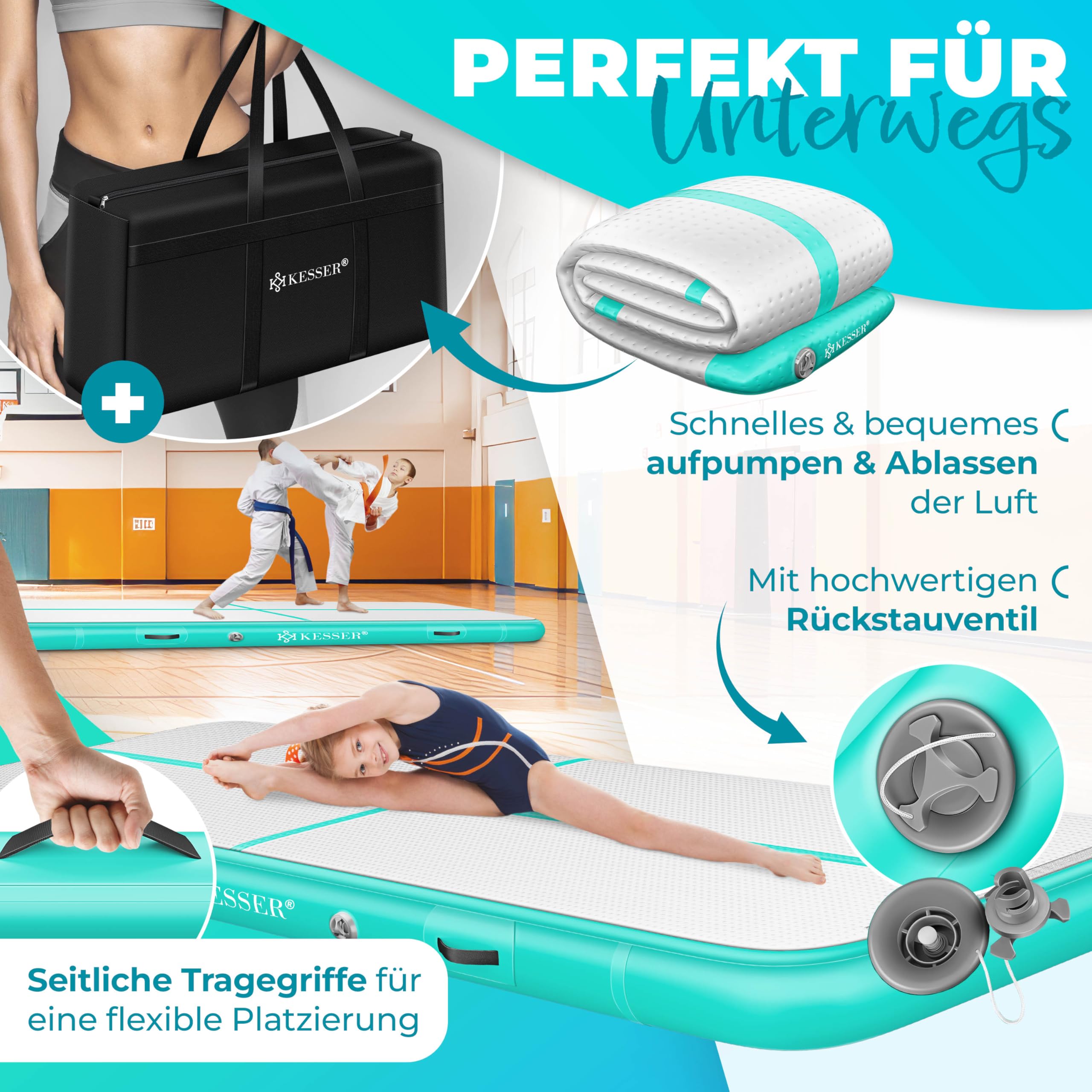 KESSER® Turnmatte Aufblasbar Airtrack 2m/3m/4m/5m/6m Fitness-Matte Gymnastikmatte | inkl. Tragetasche & elektr. Luftpumpe | Yogamatte, Tumbling Matten, Trainingsmatte, Turn- & Fitness