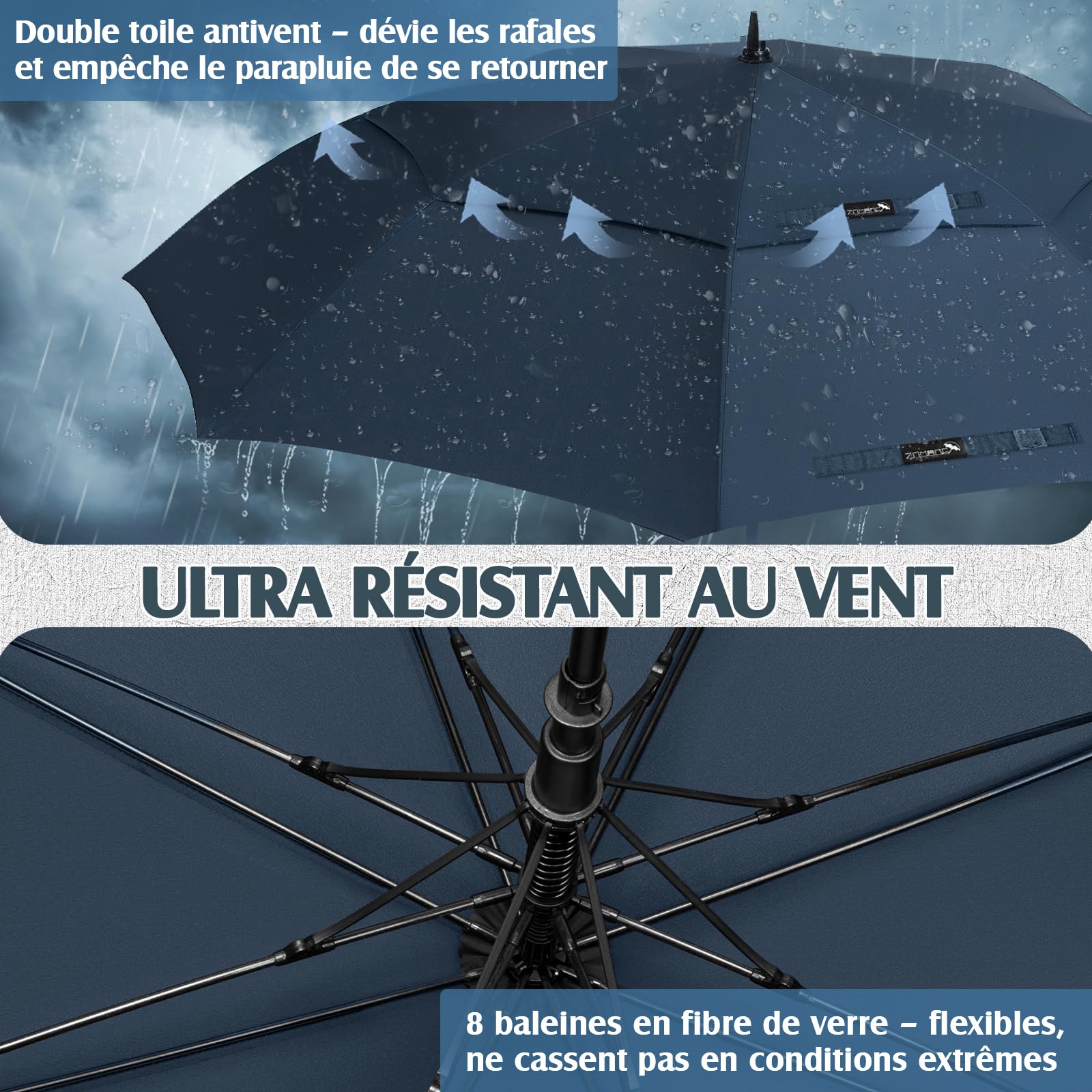 ZOMAKE Grand Parapluie XL/XXL, Parapluie Golf Grande Taille pour 2 Personnes, Solide et Résistant au Vent Fort et aux Tempêtes, Ouverture Automatique, Homme & Femme, Idéal Golf, Voyage, Quotidien