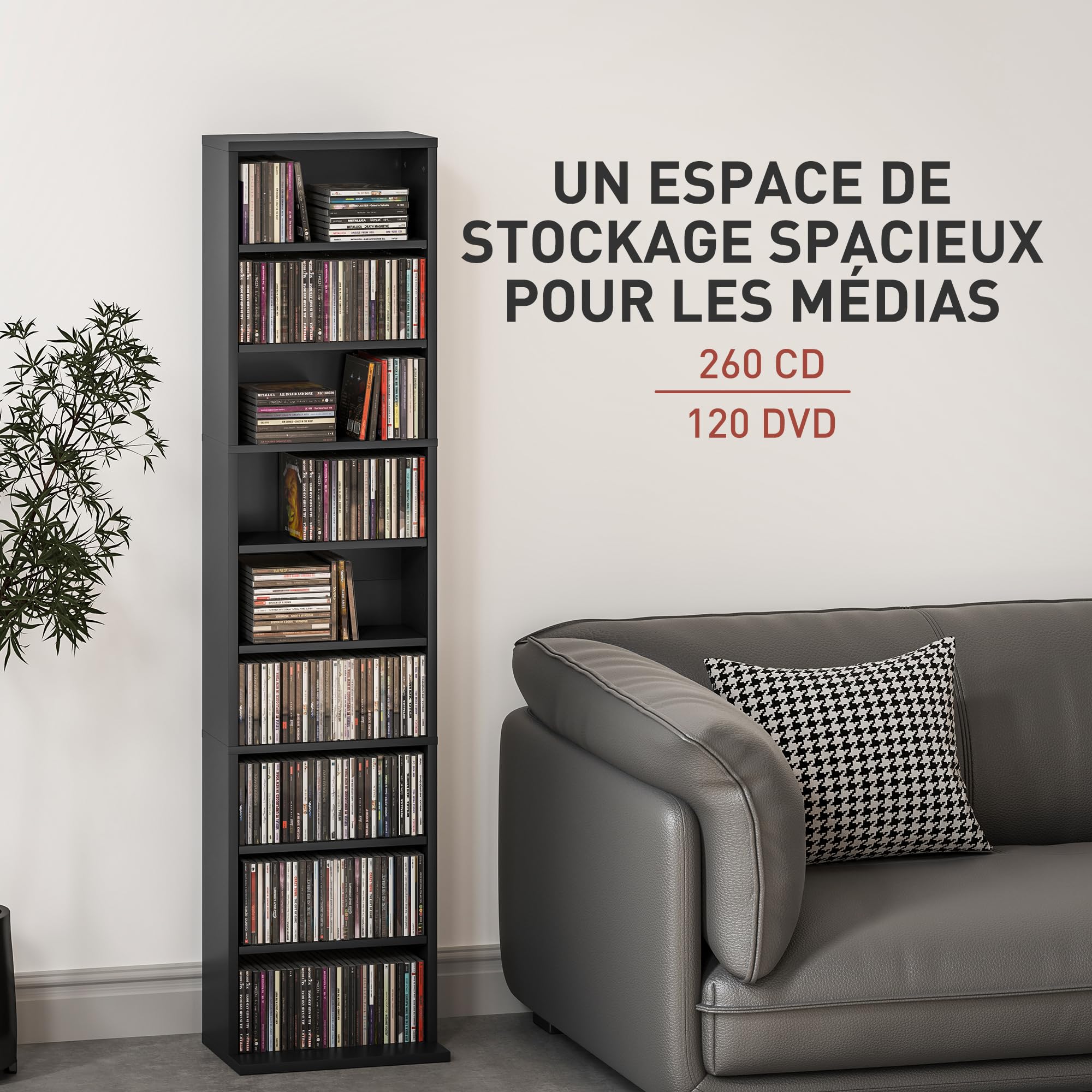 HOMCOM CD- und DVD-Aufbewahrung, Multimedia-Aufbewahrungsmöbel, max. Kapazität 260 CDs/120 DVDs, 9 Fächer und 6 verstellbare Regalböden, für Wohnzimmer, Schlafzimmer, Büro, 33 x 24 x 140 cm, schwarz | Multimedia-Aufbewahrungsschrank, 9 Fächer, 6 verstellb