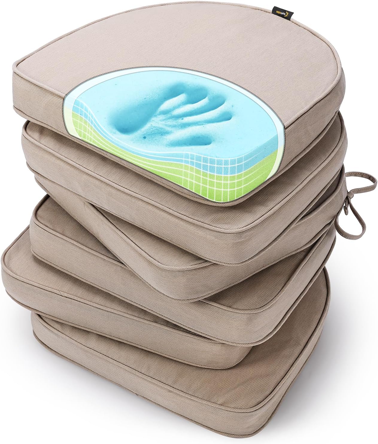 ((Incomplete))SUNROX Gel Memory Foam Chair Cushions, FadeShield Water-, Stain-Resistant Durable Reversible Seat Cushion Pads with Ties for Indoor/Outdoor Kitchen Dining Office 17\"x16\" Set of 6, Husk Birch Husk Birch 17x16 Inch (Pack of 6)