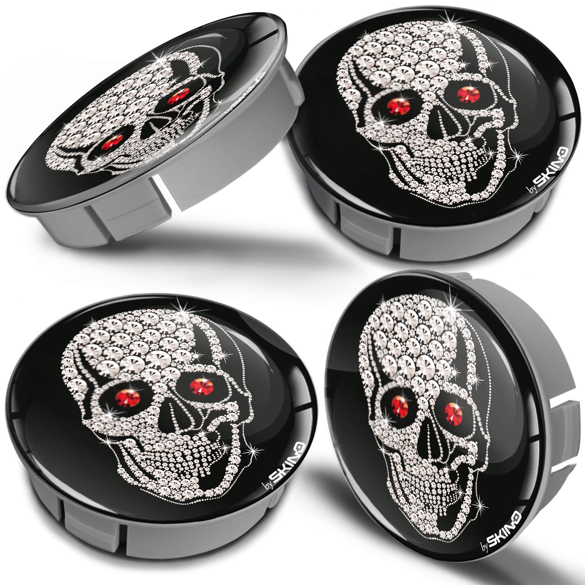 Biomar Labs® 4 x 60mm 3D Universal Wheel Hub Centre Caps Silver Skull Diamonds Center Rims CS 10