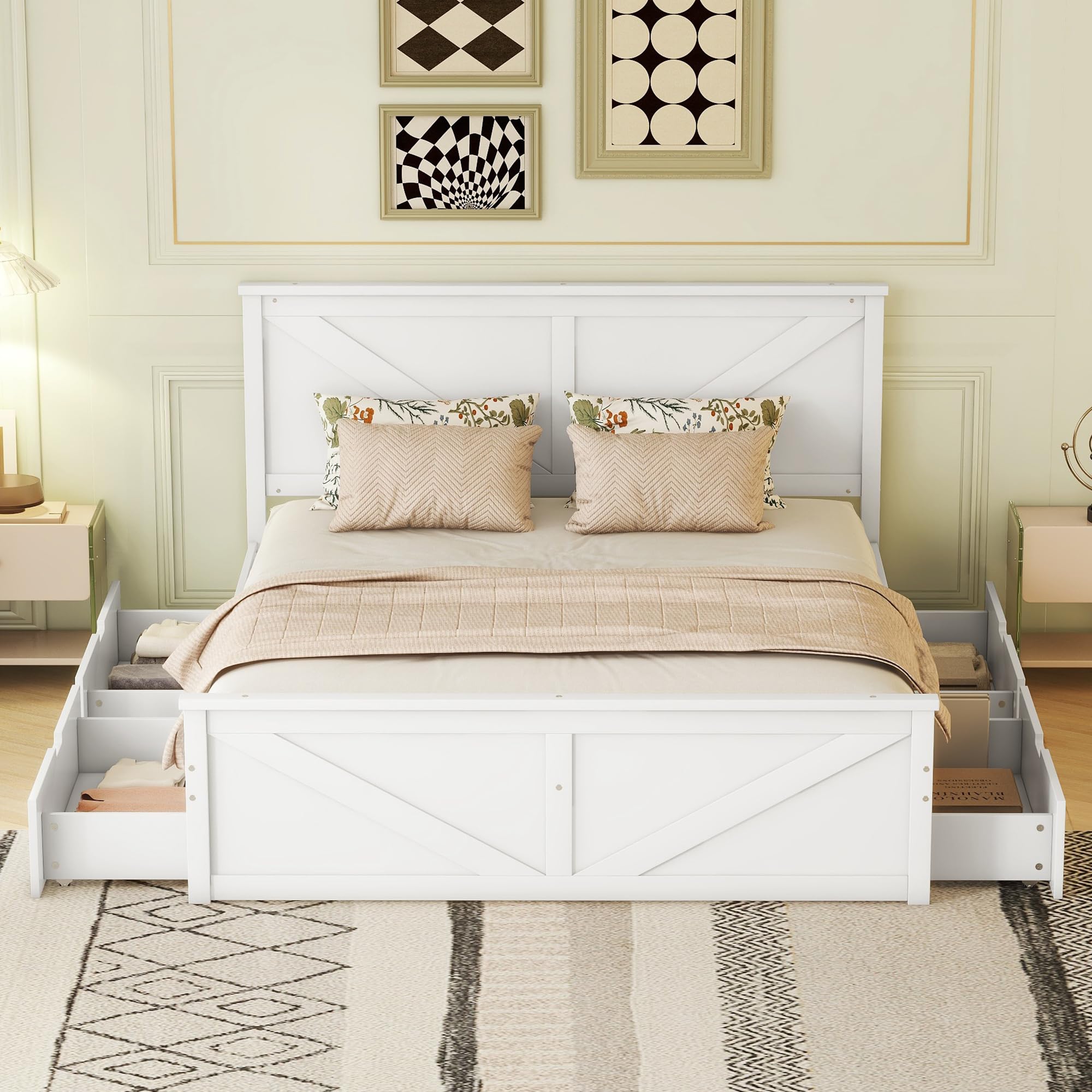 Letto matrimoniale 160 x 200 cm, semplice letto matrimoniale in legno con quattro cassetti, realizzato in legno massello e MDF (bianco)