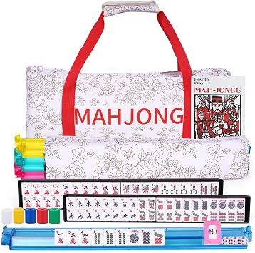 American Mahjong Game Set with Printed Carrying Bag, 166 White Tiles with Accessories,4 All-in-One Color Racks/Pushers,for Beginners Ma Jong, Mah-Jongg