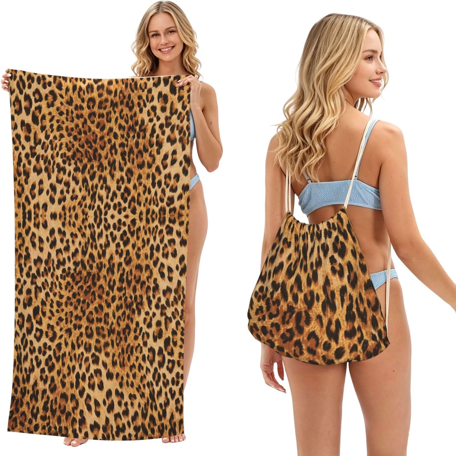 WSHFFILO Leopard Print printed 2 in 1 Packable Towel Bag Bath Towel Beach Towel