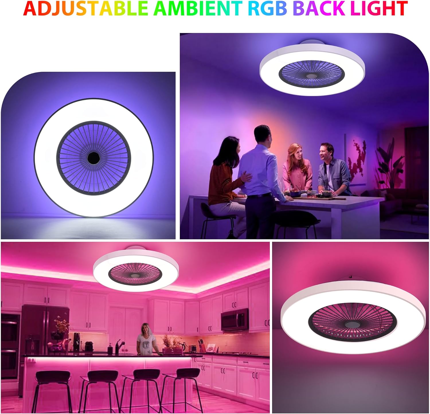 24" Bladeless Ceiling Fan with Light, Smart Low Profile Ceiling Fan with Dimmable Lights,Remote/APP Control, Enclosed Flush Mount Fan Light for Kid's Bedroom & Living Room