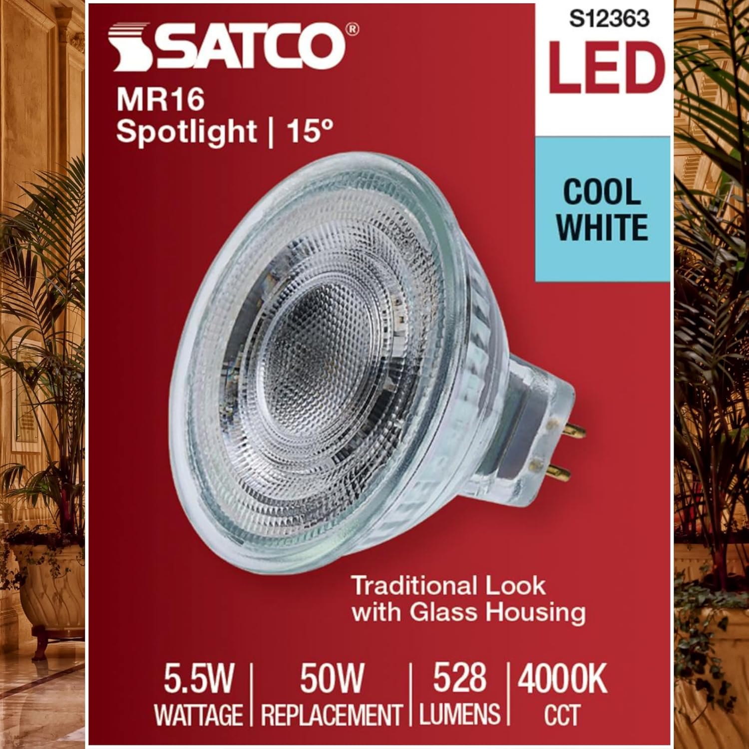 Satco LED MR16 Spotlight 5.5W 50W Equivalent 4000K Cool White 90+ CRI 15° Beam GU5.3 Bi-Pin Base 12V Dimmable Clear Finish – Part S12363 (12 Pack)