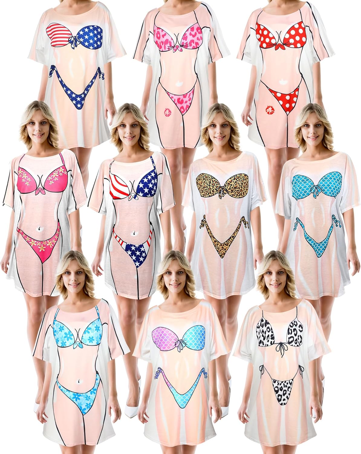 Cozypower 10 Pack Women's Bikini Shirt Cover up Cute Bikini T Shirts for Women Funny Short Sleeve Bathing Suit Baggy Swimwear