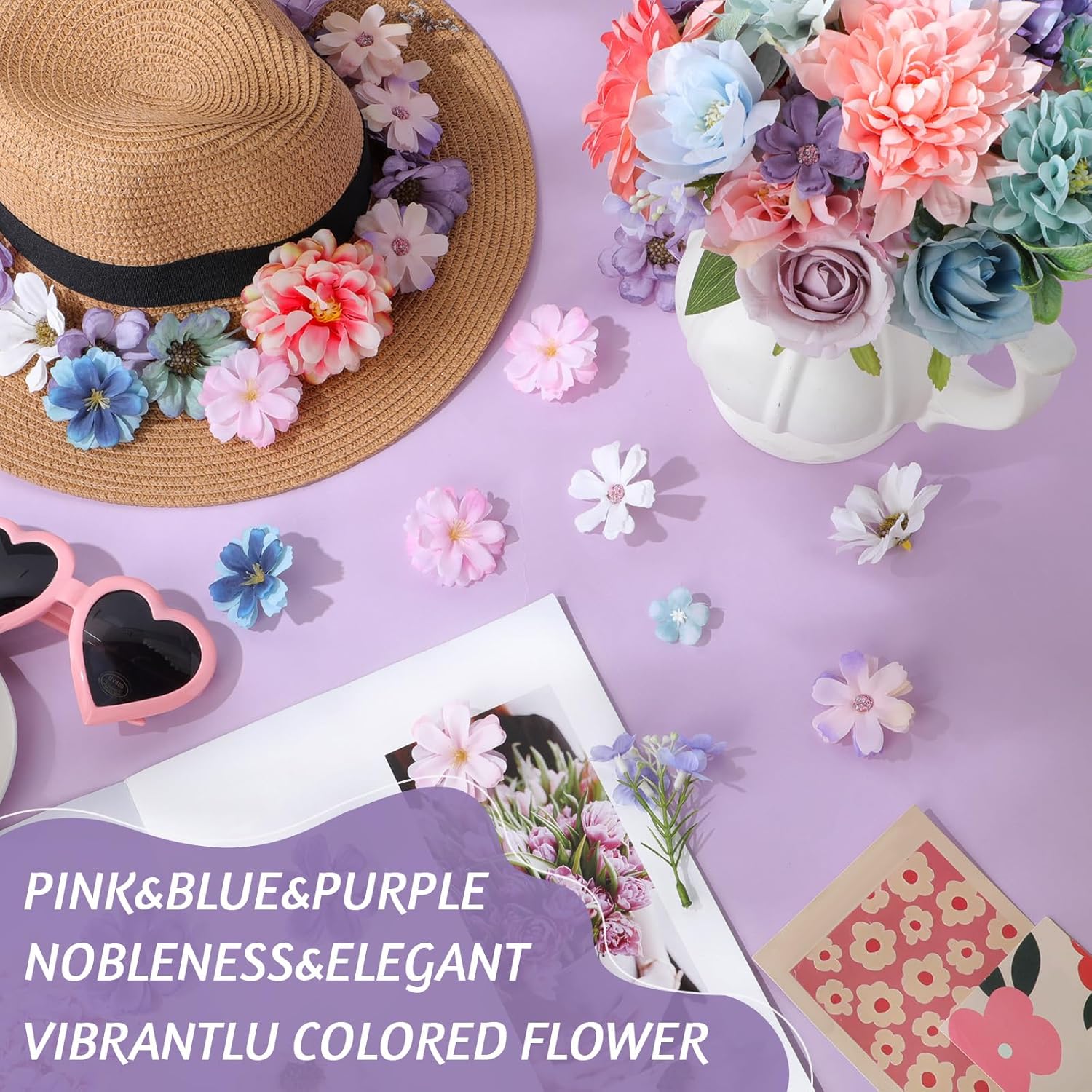 Janinka 100 Pcs Assorted Fake Flower Heads with Long Stem Mini Artificial Flower Bulk Mix Silk Faux Daisy for Crafts Fake Peony Rose for DIY Wedding Party Wreath Home Decoration (Blue Purple Pink)