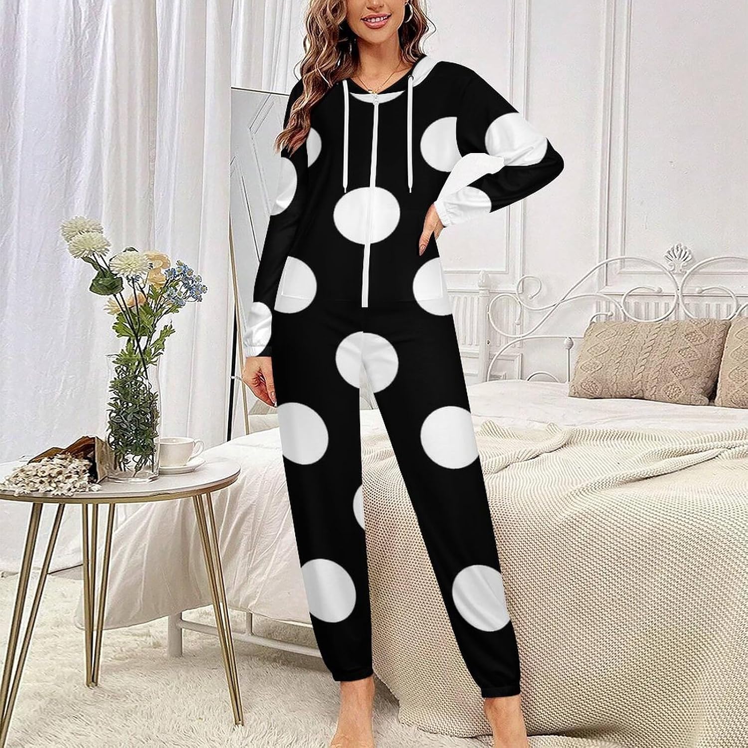 Big Polka Dot Pattern Adult Pajamas Onesie with Hood Pocket Jumpsuits One Piece Sleepwear