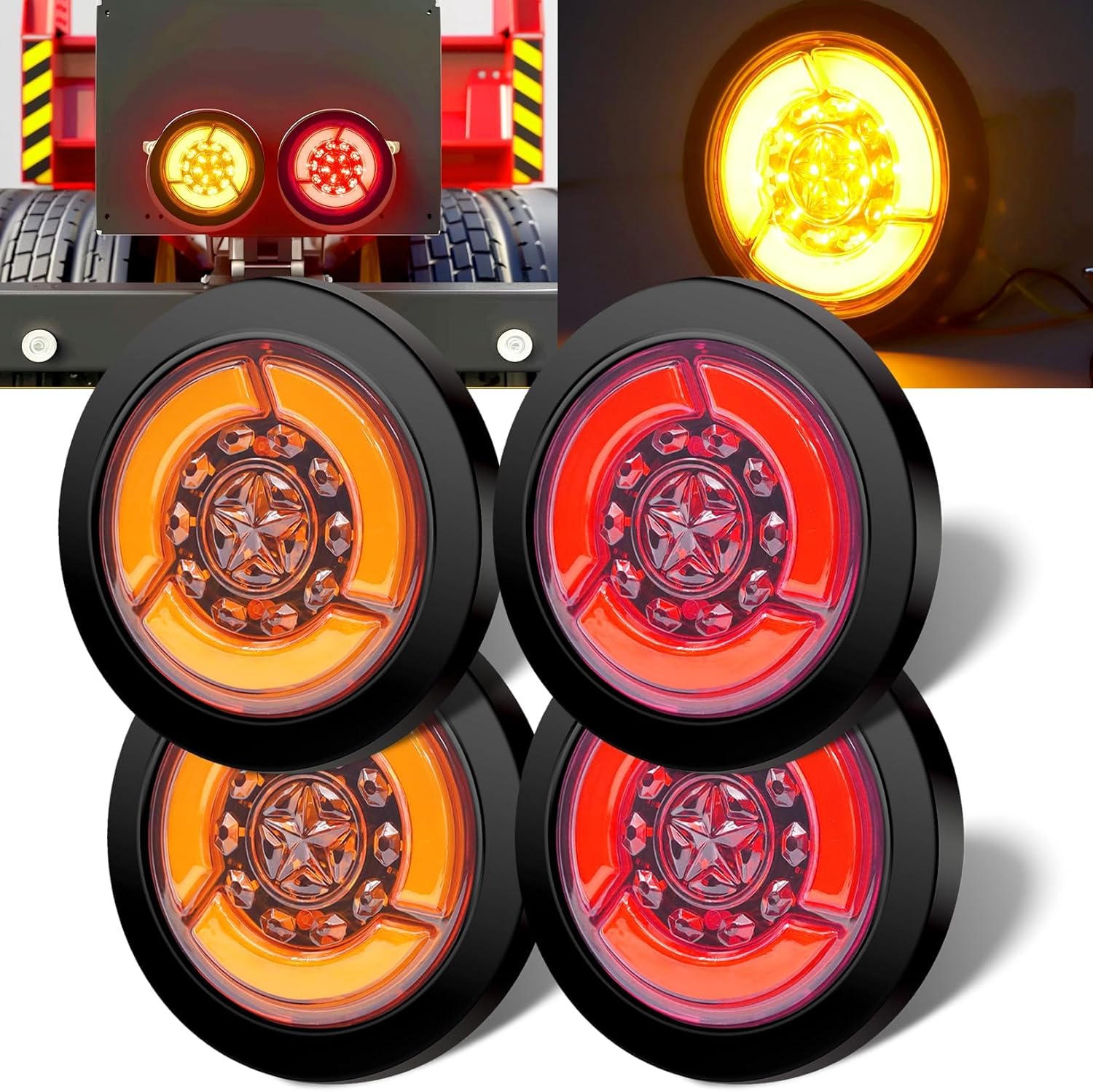 Ourbest 4 Inch Round Led Trailer Tail Lights Kit, Universal Rubber Grommet Stay/Strobe TailLights 24V Truck Brake Lamp/Turn Signal Stop Lights/Back-up Reverse Lights 6PCS (2 Red+2 White+2 Yellow)