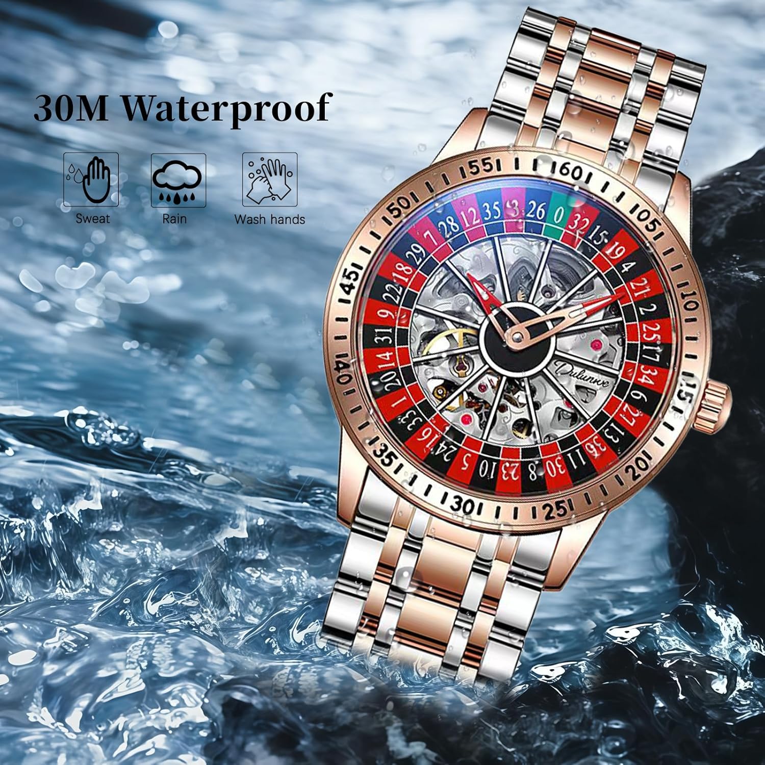 Mens Gambling Automatic Mechanical Skeleton Hollow Waterproof Luminous Watch Stainless Steel Band Self Winding Roulette Wheel Business Casual Wristwatch