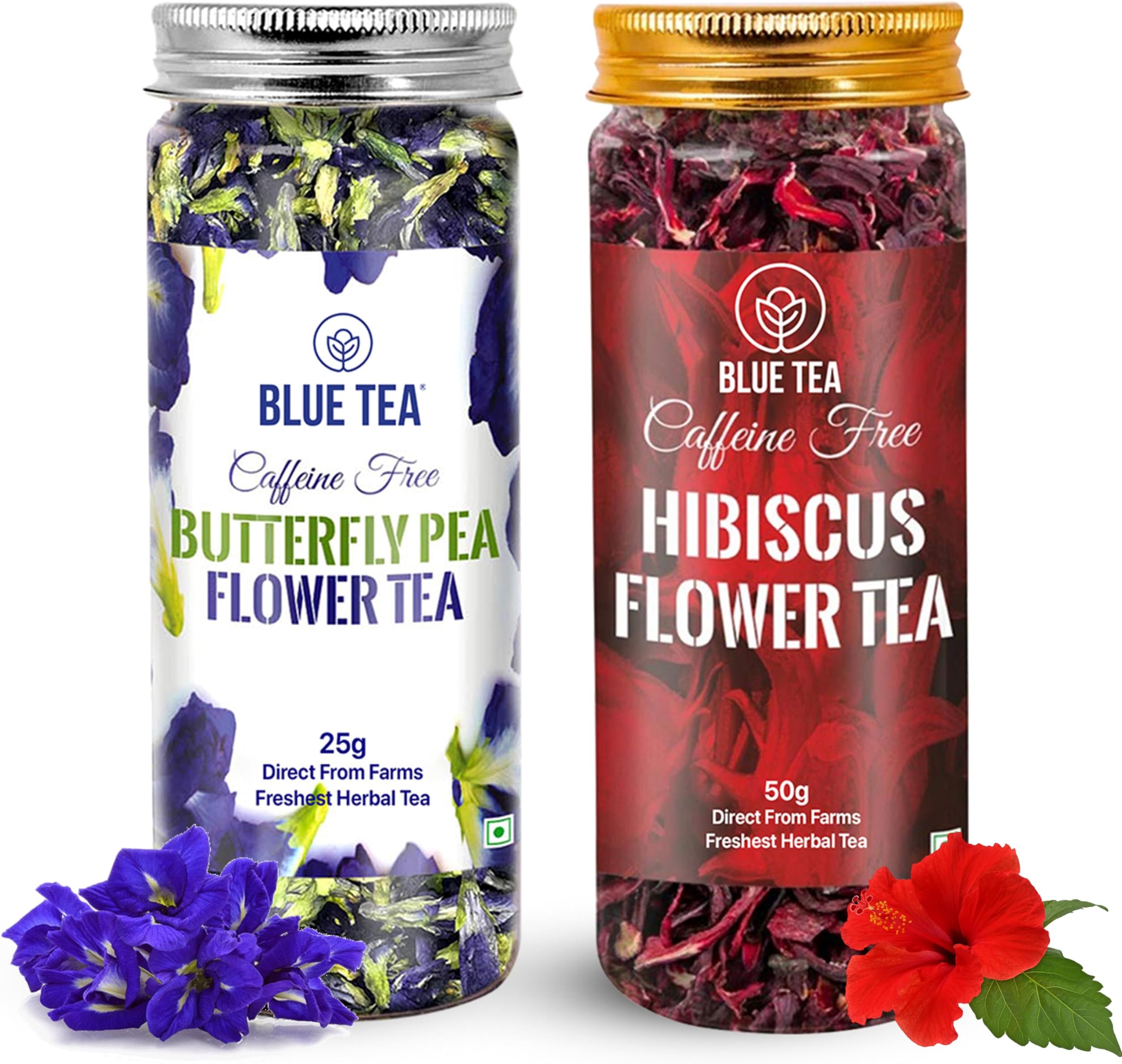 Combo Pack, Blue Tea Butterfly Pea Flower Tea (0.88 Oz) and Hibiscus Flower Tea (1.76 Oz) ll FARM PACKED ll Caffeine Free Herbal Tea - Gluten Free - GMO Free