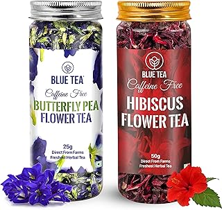 BLUE TEA - Combo Pack, Blue Tea Butterfly Pea Flower Tea (0.88 Oz) and Hibiscus Flower Tea (1.76 Oz) ll FARM PACKED ll Caffeine Free Herbal Tea - Gluten Free - GMO Free