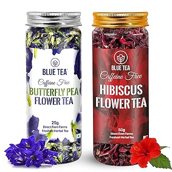 BLUE TEA - Combo Pack - Butterfly Pea Flower Tea - 0.88 Oz 25+ Cups & Hibiscus Tea - 1.76 Oz 50 Cups | Chemical Free - Flower Based - Caffeine Free - Herbal Tea | Reusable Pet Jar