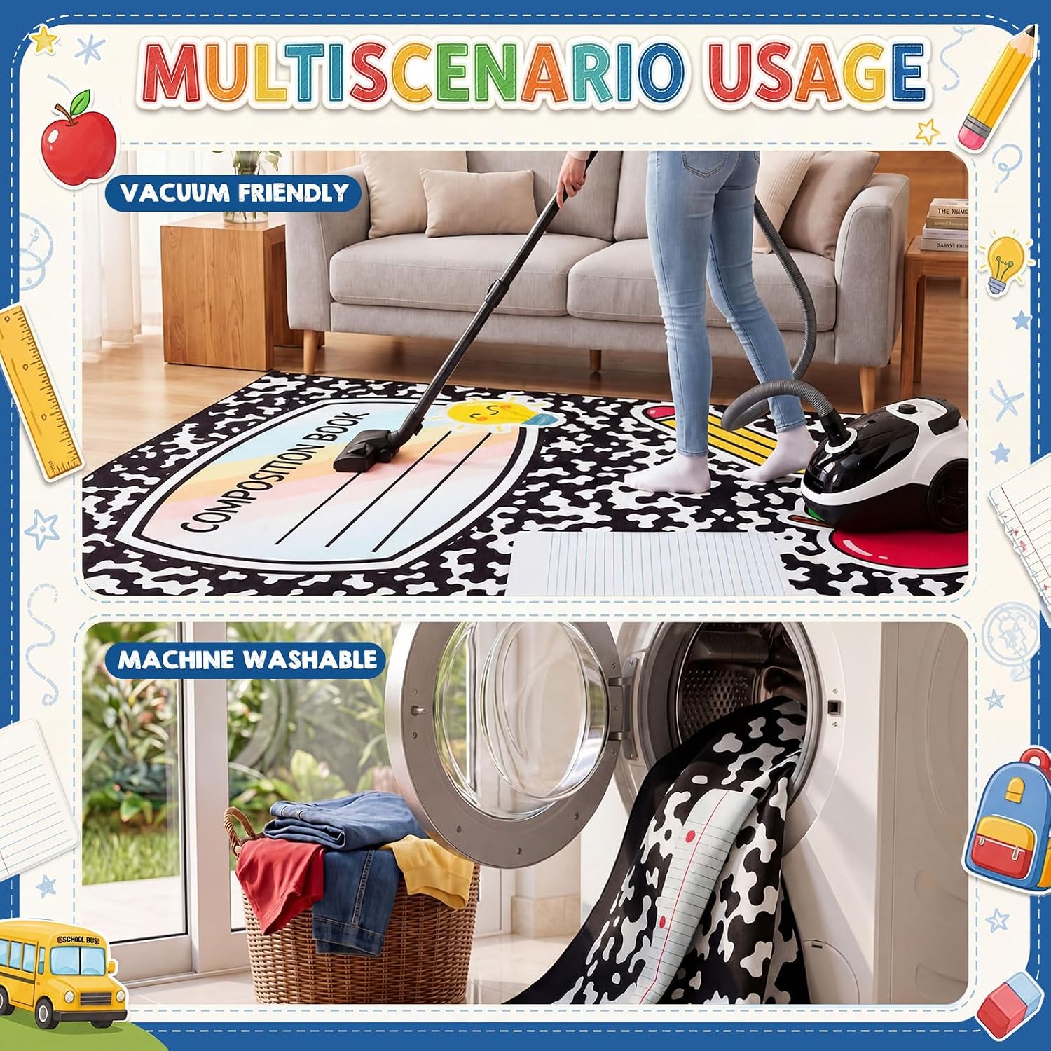 BreezeHug 7.6 x 5 ft Large Composition Classroom Rug | Classroom Area Rug for Back to School Decor Composition Book Play Rug Educational Learning Mat for Classroom Learning Corner