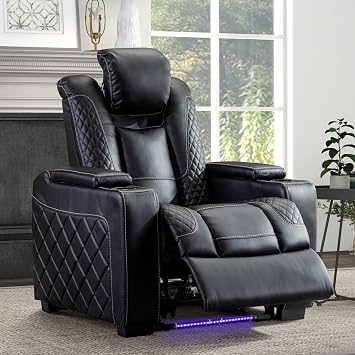 EBELLO Electric Power Recliner Chair with Adjustable Headrest, Faux Leather Home Theater Seating Chairs with Ambient Lighting, Hidden Arm Storage, USB Ports, Cup Holders, for Movie & Media Room