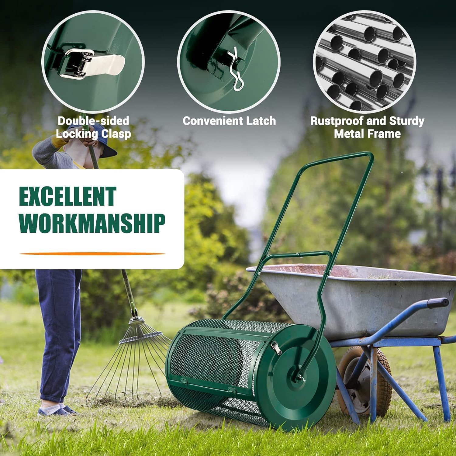 24 Inch Peat Moss Spreader, Topsoil Fertilizer Roller with Upgrade U-Shaped Handle, Side Latches, Metal Mesh Basket, Heavy-Duty Manure Spreader for Grass, Yard, Lawn & Garden Care (Green)