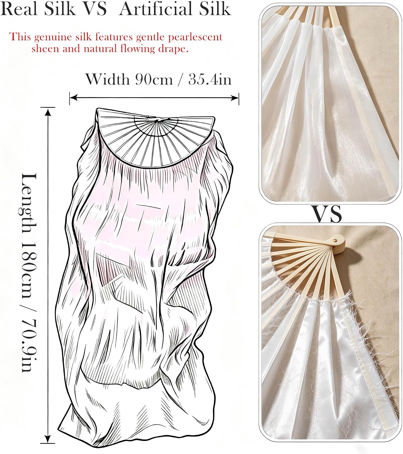 Women Chinese Natural Silk Hand Made 1 Pair (Left+Right) Belly Dance Fan Veils Length 1.8m Width 0.9m