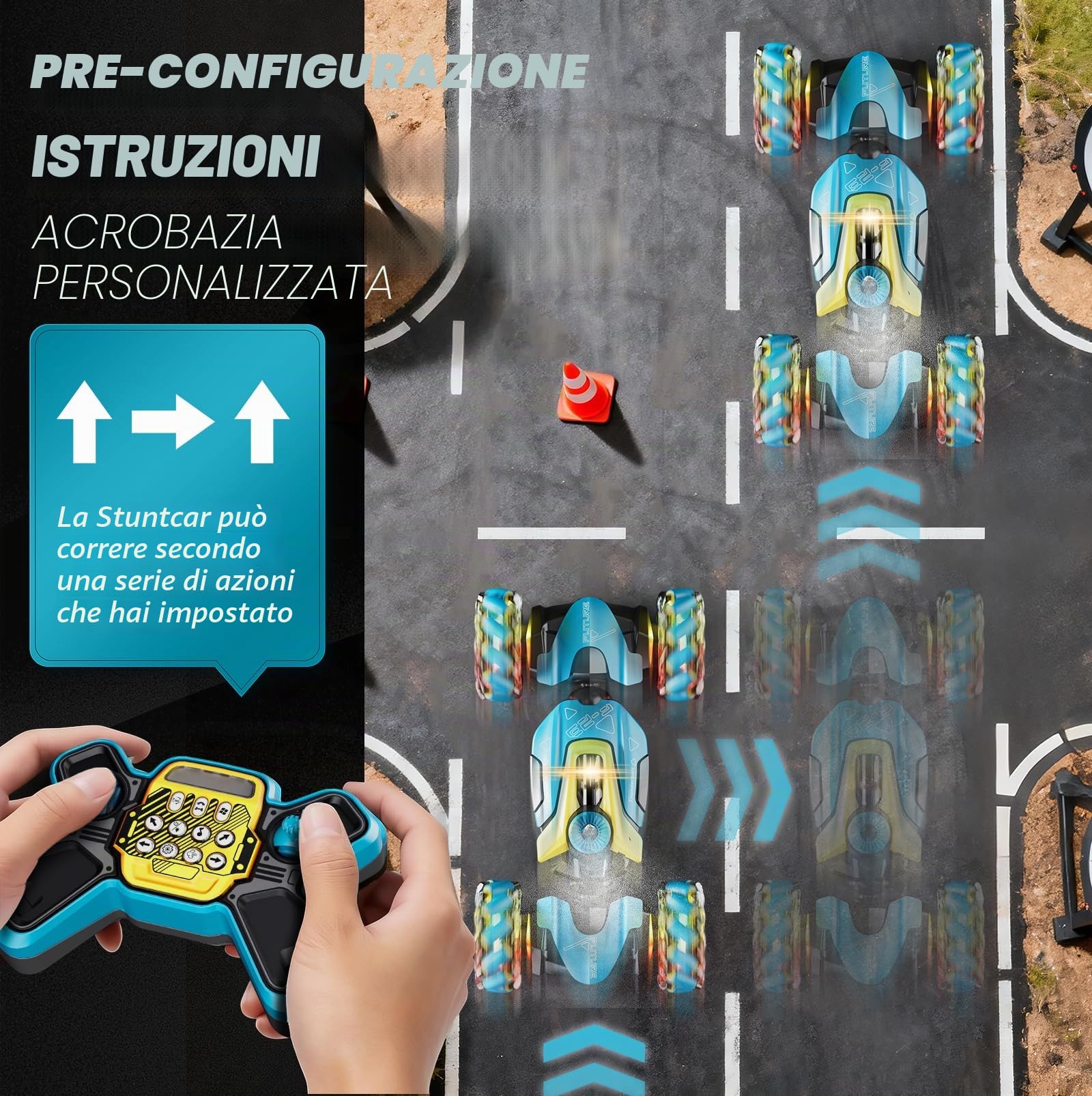 4DRC RC Macchina Acrobatica per Ragazzi 6-12, 2.4GHz 4WD con Sensore Gesti, Funzione Torsione, Luci, Spray, Musica, Rot. 360°, 2 Batt. Ricaricabili — Off-Road, Regalo Ragazzi & Ragazze