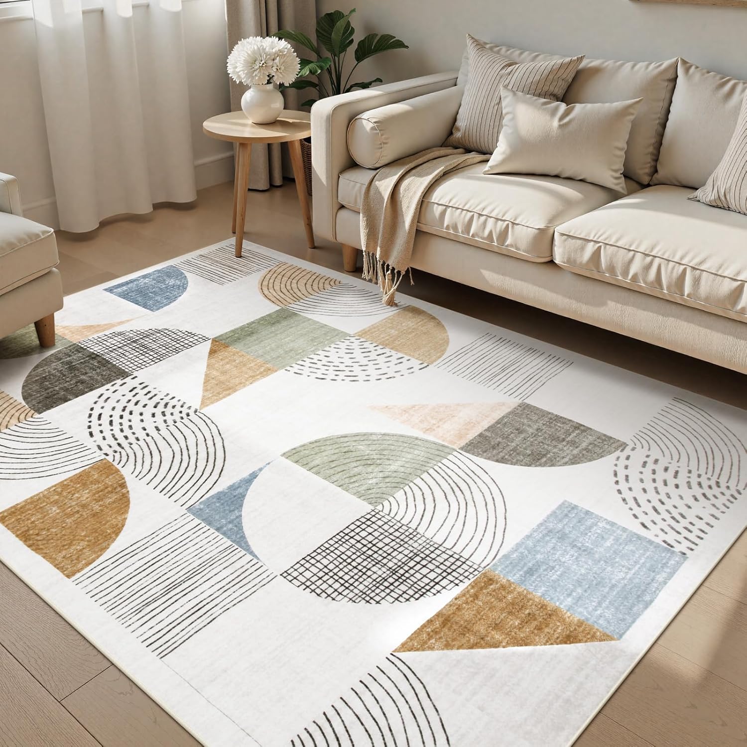 Beeiva Boho Area Rugs for Living Room, 5x7 Washable Area Rug Non Slip Geometric Carpet, Low Pile Lightweight Soft Rugs for Bedroom Home Office, Living Room Home Decor (Multi Color,5X7)