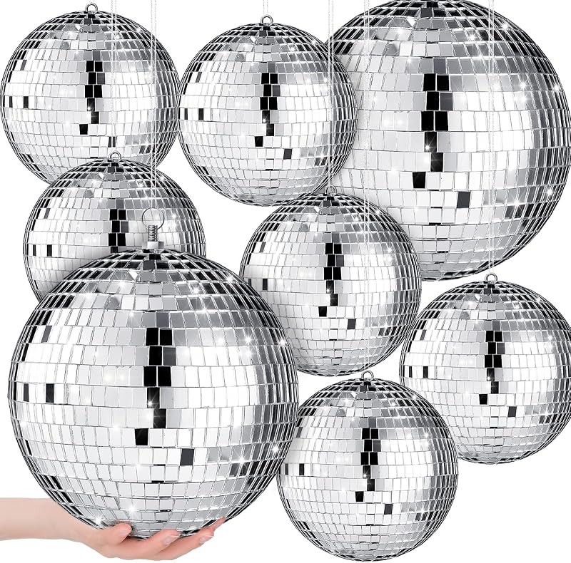 Haull 8 PCS Large Disco Ball Set, 8'', 6'' | Silver Mirror Reflective, with Hanging Ring, Party Decoration, Club Stage, Ballroom Hall Props, Wedding