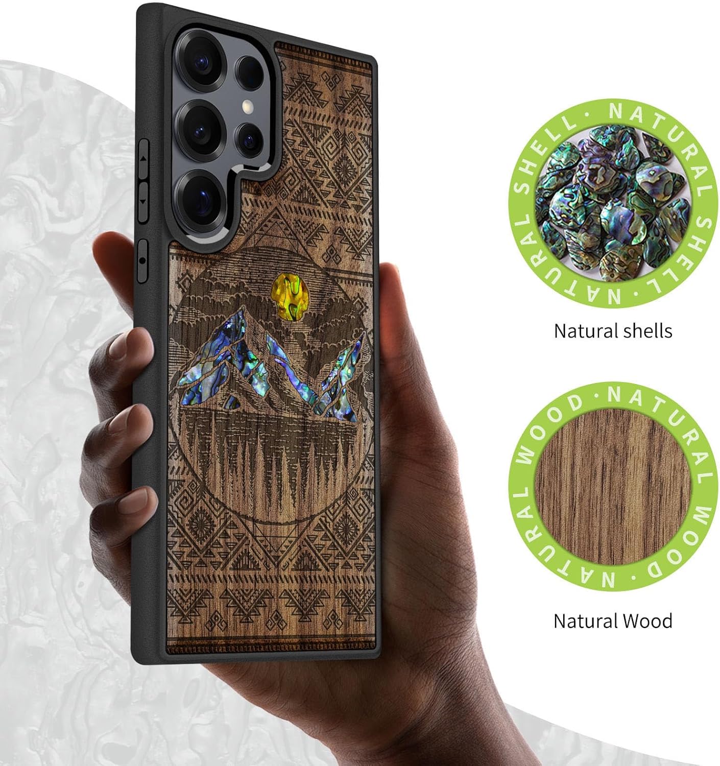 Carveit Magnetic Wooden Case for Samsung Galaxy S25 Ultra Case, Wood Artisan Engraved & Handmade Shell Inlaid, Compatible with MagSafe Wireless Chargers (Aztec Style Alpine Lakes) Walnut