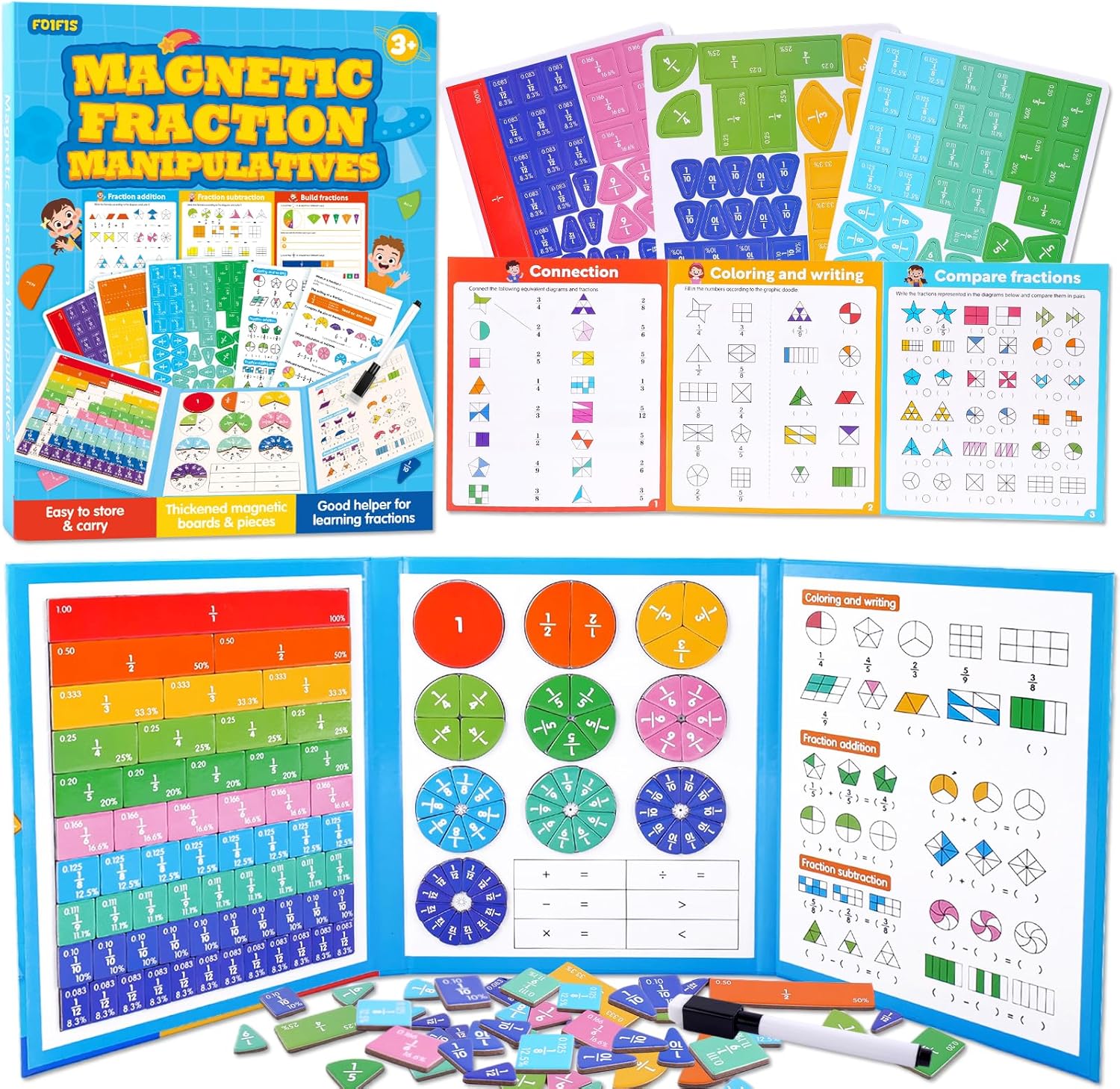 Magnetic Fraction Educational Puzzle, Magnetic Fraction Demonstration Book, Fraction Tiles & Circles, Montessori Math Manipulatives for Elementary School, Fraction Learning Toys for Kids