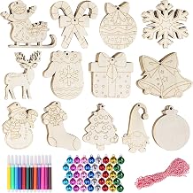 Herbbree 52pcs Wooden Christmas Decorations Set - 13 Shapes Wooden Baubles with Holes, Unfinished Wood Slices for DIY Crafts Christmas Hanging Ornament, Holiday Decor