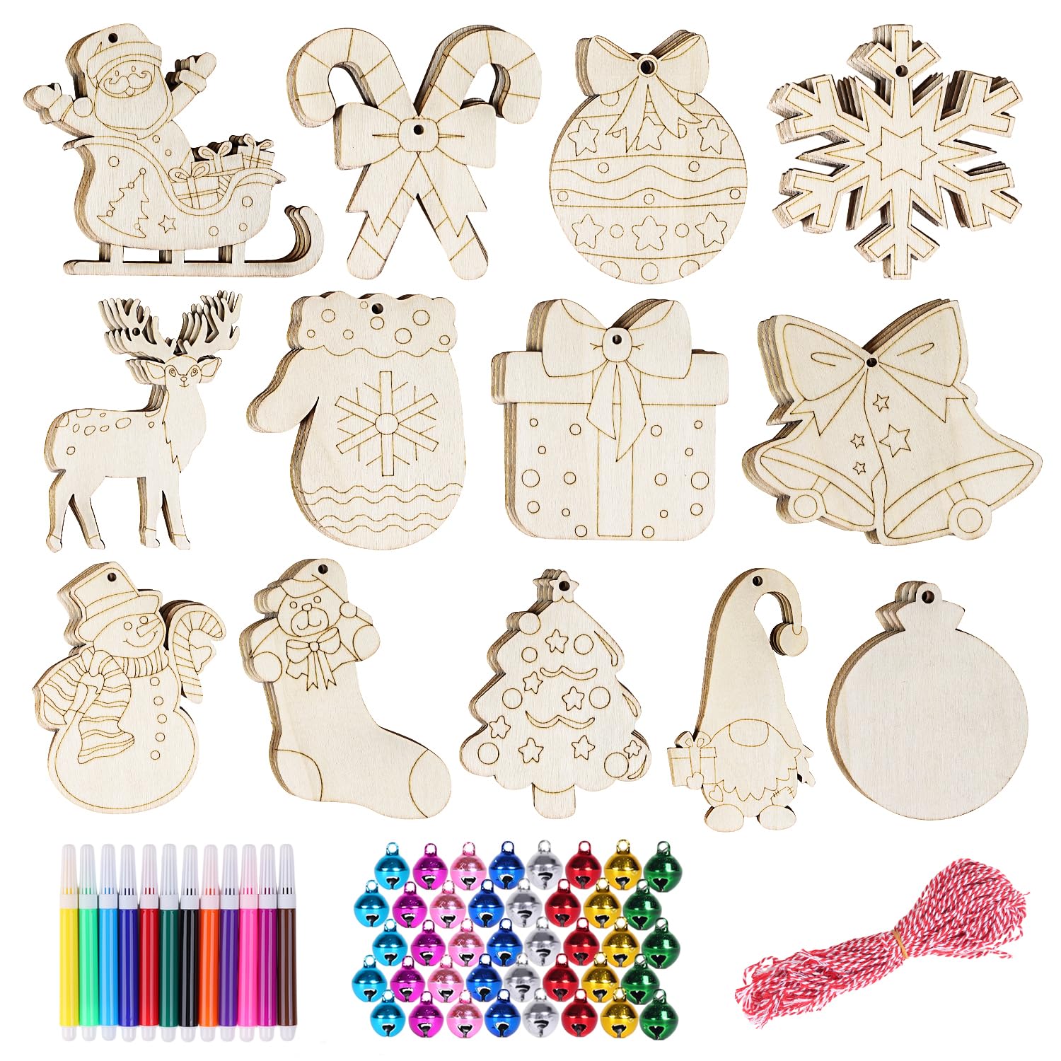 Herbbree 52pcs Wooden Christmas Decorations Set - 13 Shapes Wooden Baubles with Holes, Unfinished Wood Slices for DIY Crafts Christmas Hanging Ornament, Holiday Decor