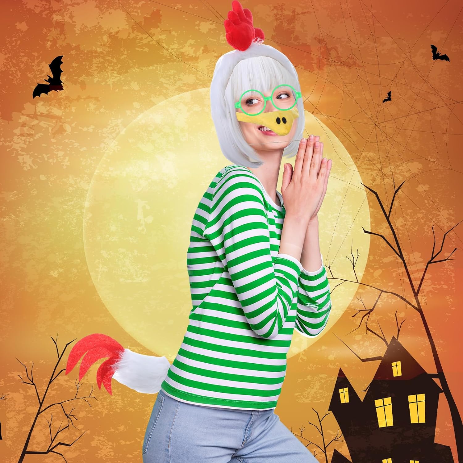 7 Pcs Halloween Young Chicken Costume ​​birds Rooster Costume Accessories Include Wig Chicken Headband Set Glasses with Stockings for Adults Cosplay Party - Image 5
