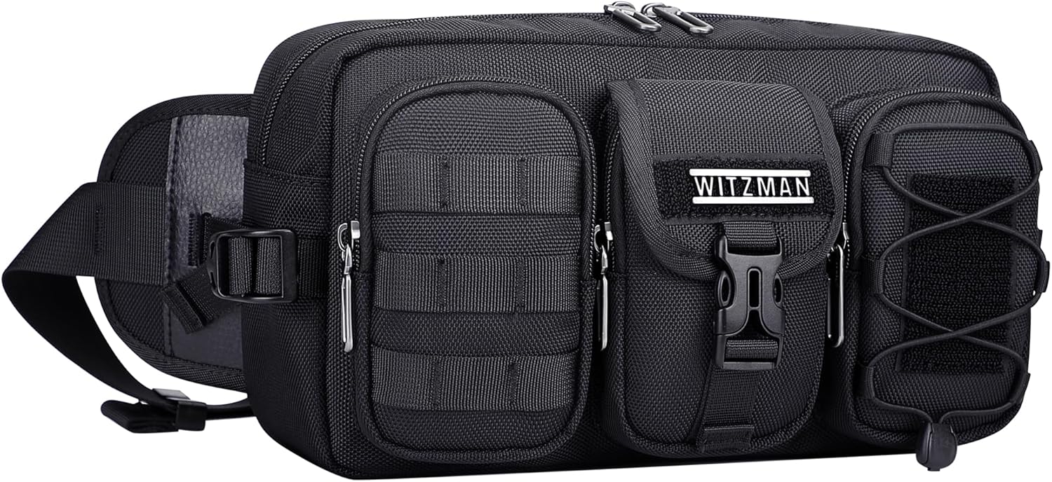 WITZMAN Fanny Pack for Men Fashion Waist Zipper Pack Bags Mens Belt Bag with Multi-pocket for Traveling Daily Walking(B733 Black)
