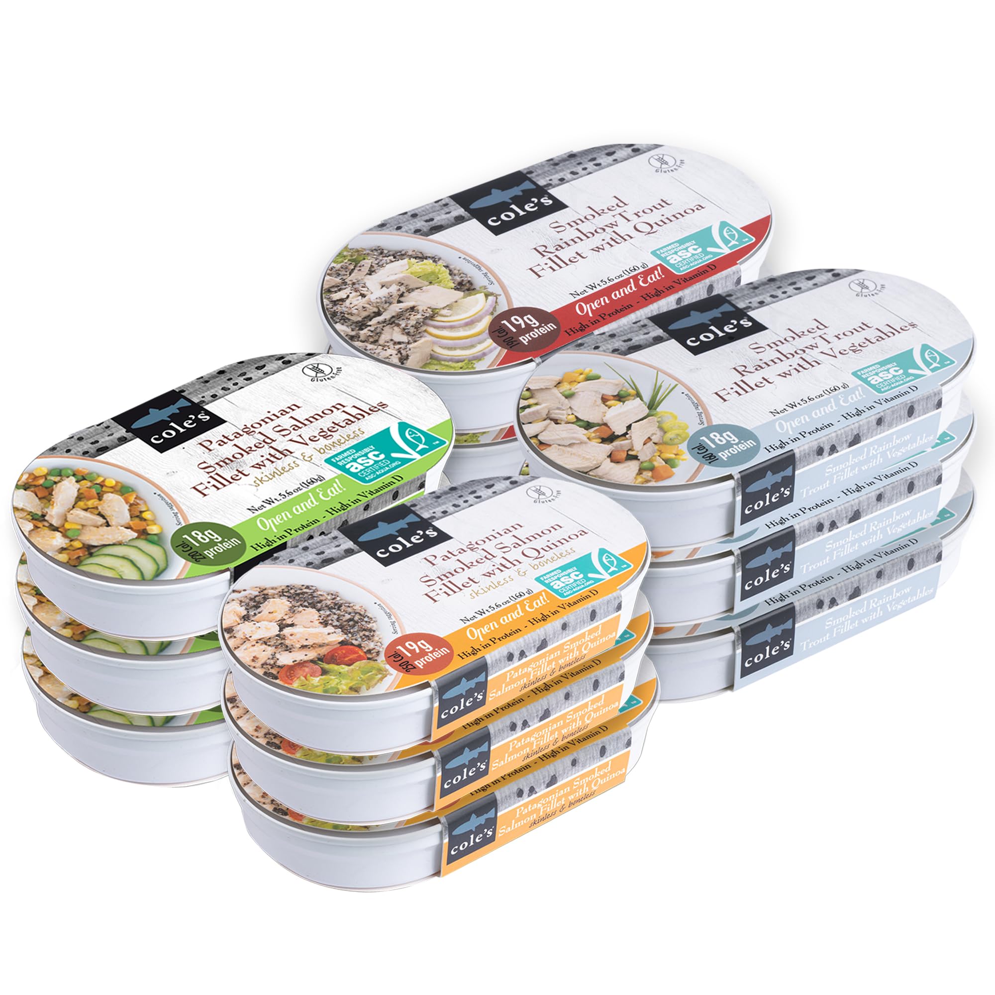 COLE’S Open & Eat Meals Variety Pack | 5.6 oz Hand-Packed Smoked Salmon & Trout with Quinoa & Vegetables | Ready to Eat Meals | High Protein - 12 pack