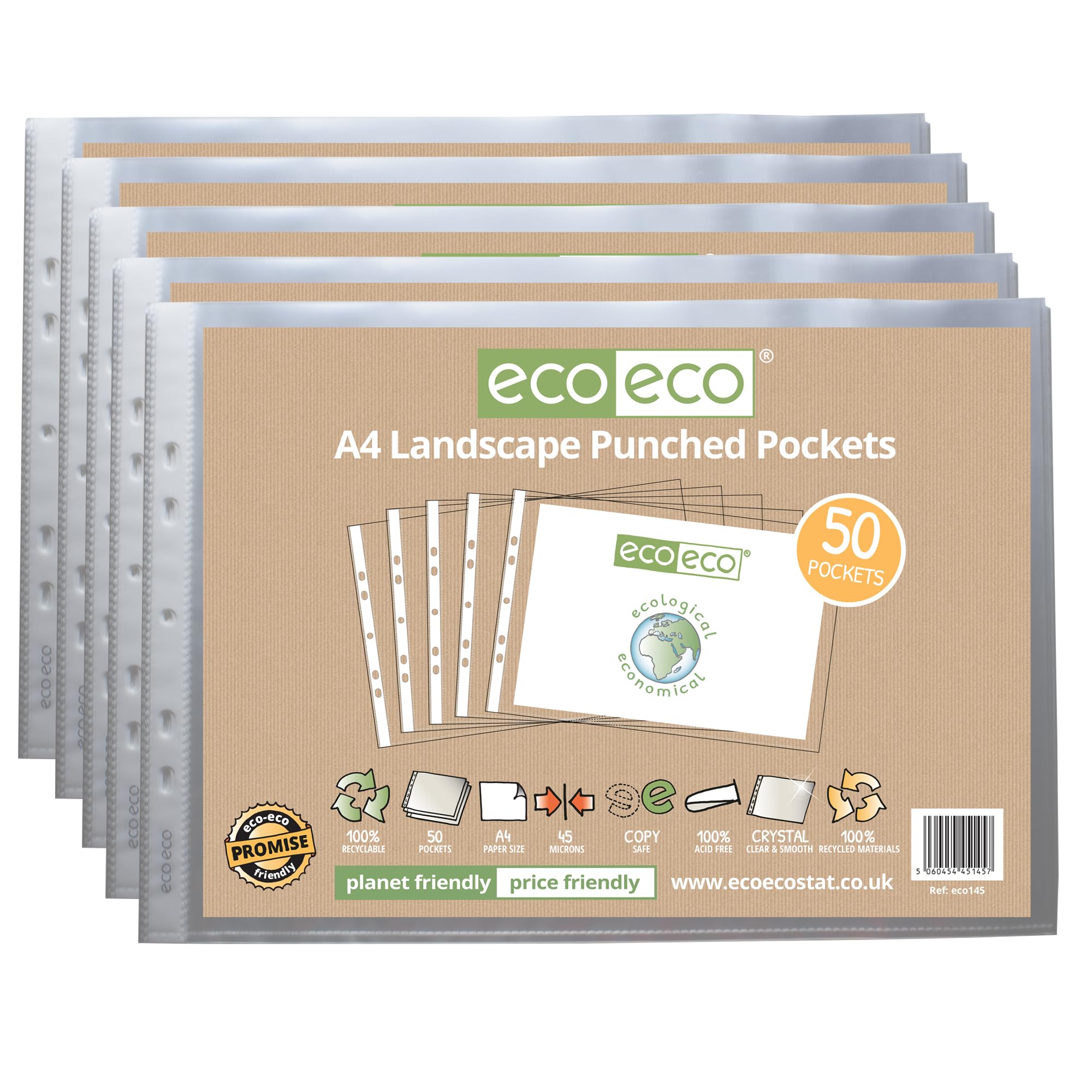 eco-eco A4 100% Recycled Landscape Multi Punched Pockets Glass Clear, Transparent Poly Wallet Sheet Protector, 45 Microns (5 Packs of 50), eco145x5