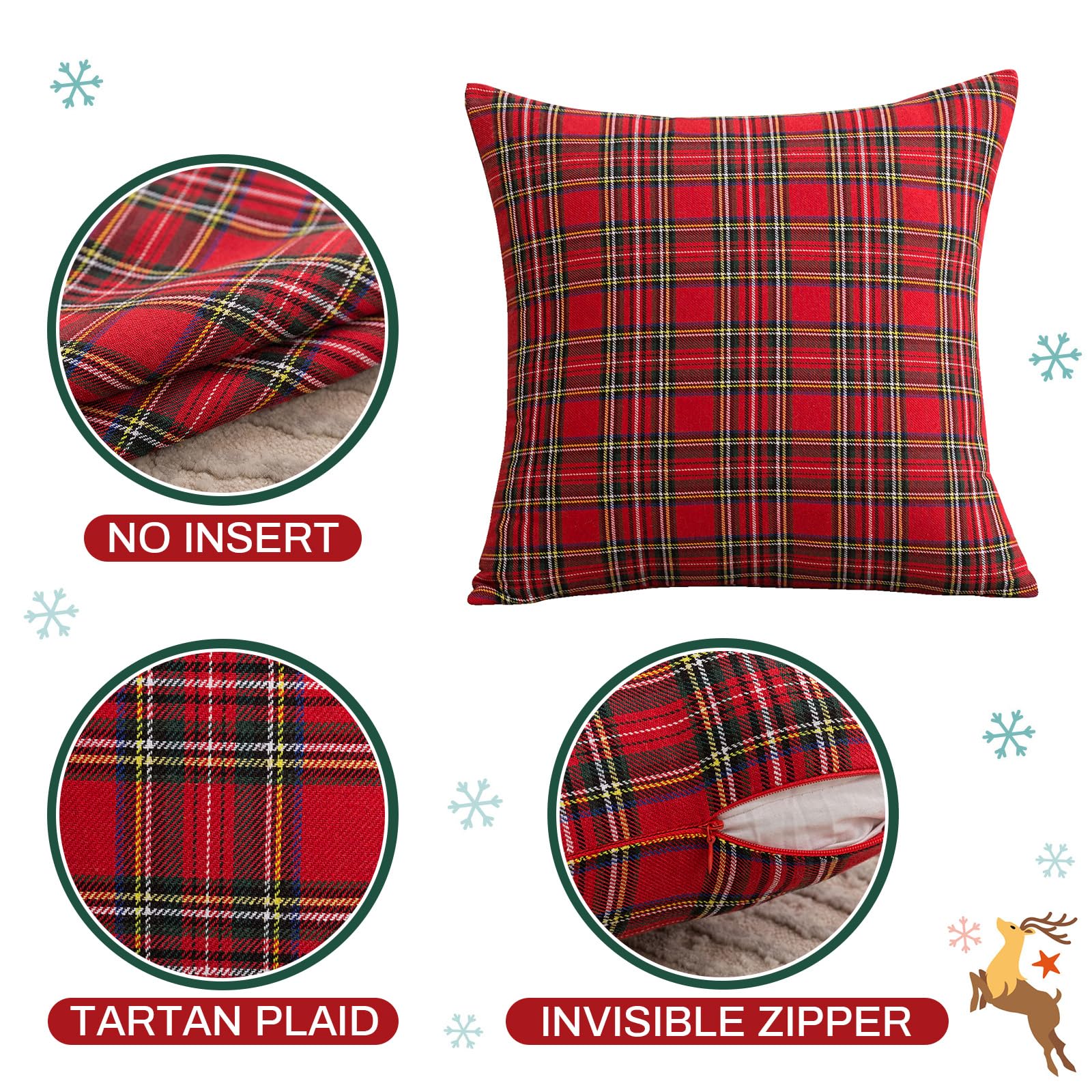 Qelus Christmas Cushion Covers set of 4, Tartan Scottish Throw Pillow Cases, Plaid Check Pillow Covers 45 x 45 cm - Image 3