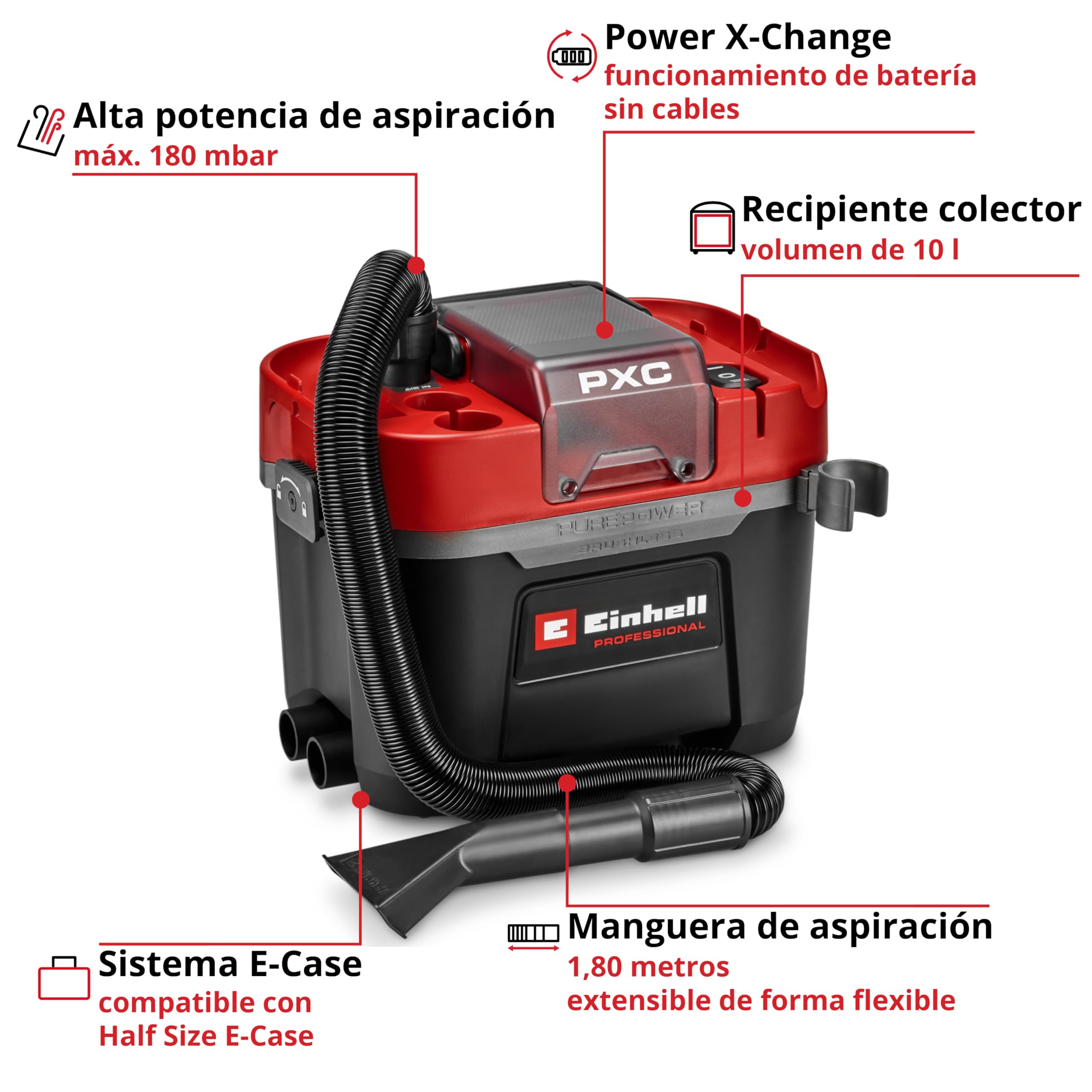 Einhell Professional Aspirador en seco y húmedo con batería TP-VC 18 Li BL L-Solo Power X-Change (18 V, brushless, Recipiente 10 l, 2 Niveles, Filtro Plisado, boquillas de aspiración, sin batería)