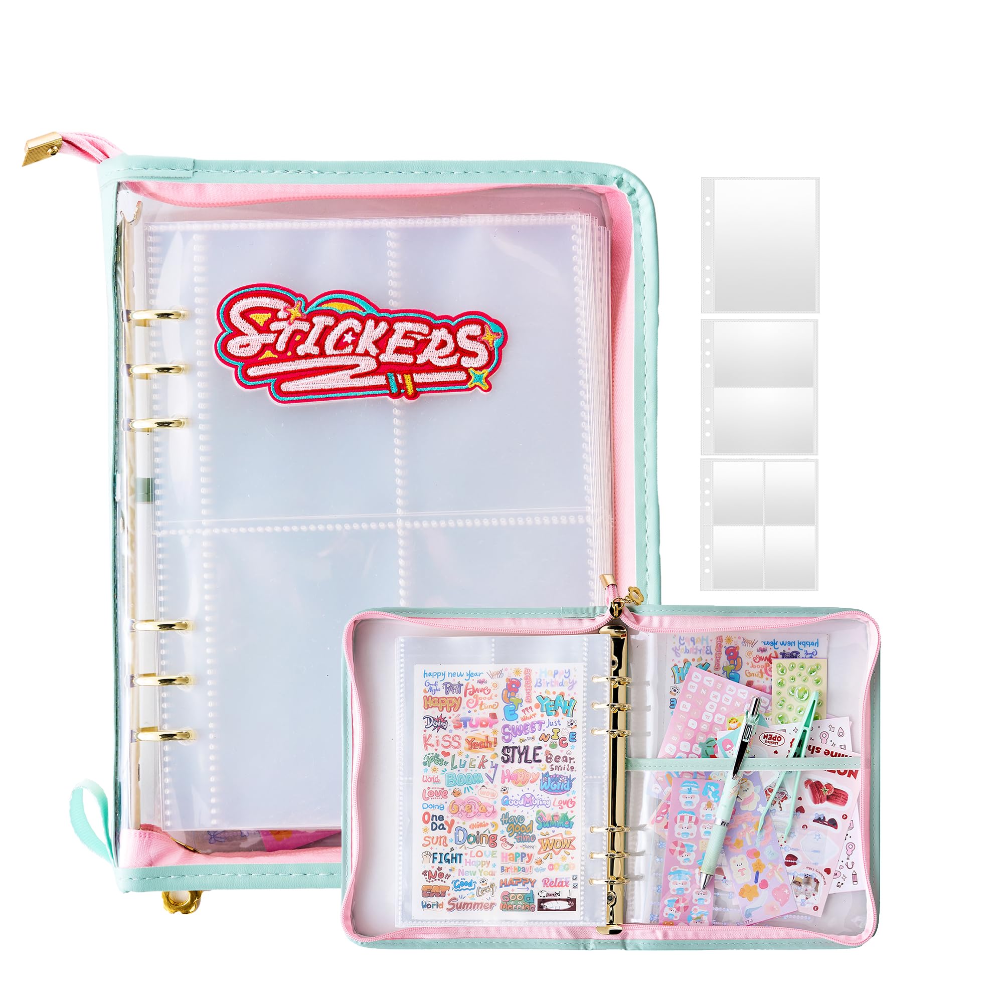 A5 Sticker Collection Organizer Binder kit large capacity (65 sheet), PU leather clear sticker storage book album with zipper closure,double-sided Collecting for journal scrapbook planner (Green)