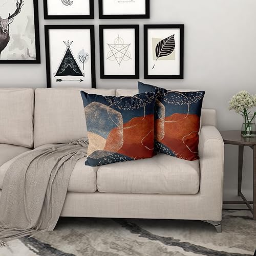 Miniatura 7 de Juego de 2 fundas de almohada bohemias de 18 x 18 pulgadas, color azul marino y naranja quemado, para exteriores, estilo bohemio, de mediados de