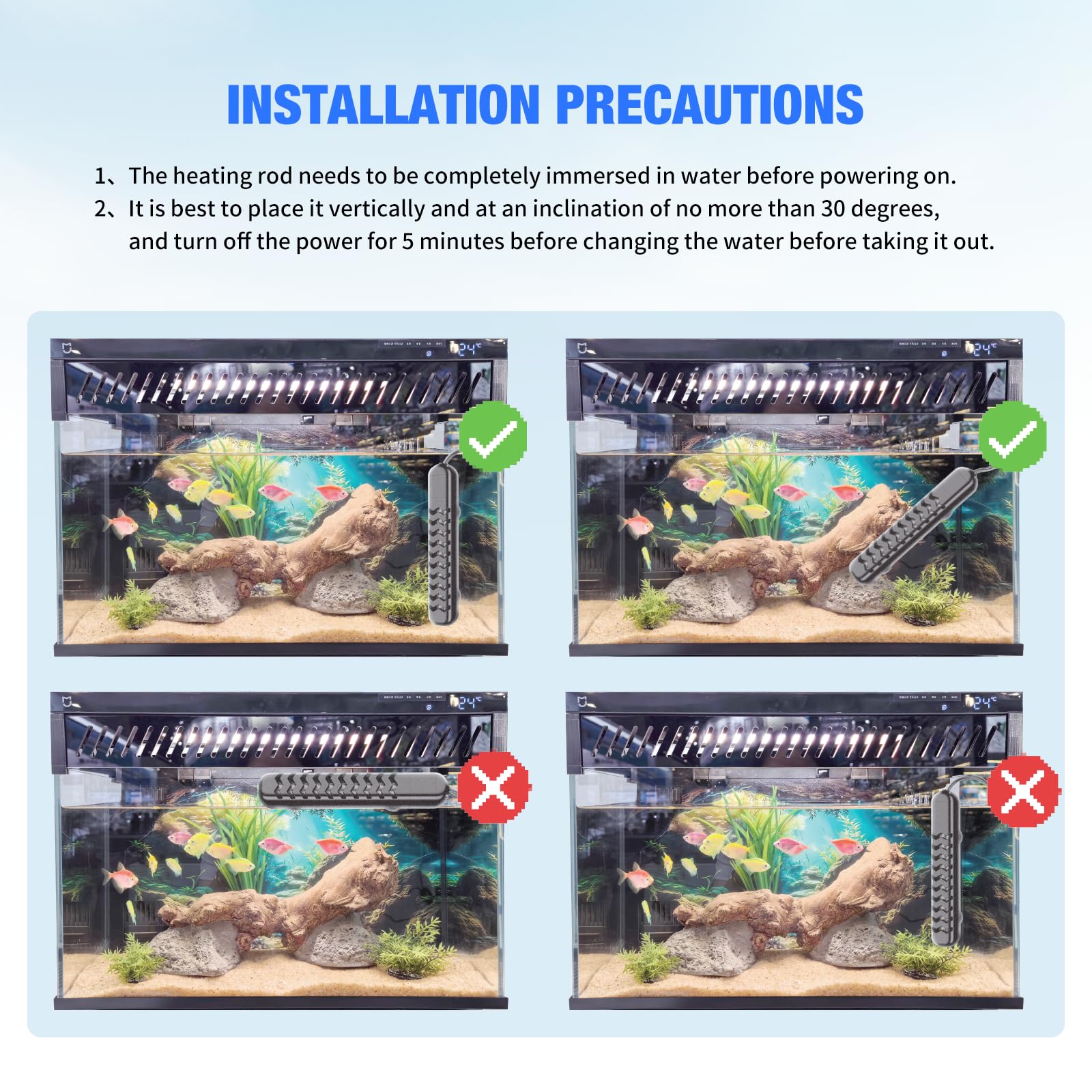 Calentador sumergible de acuario de 100 W/200 W/300 W/500 W, calentador de pecera con protección de alta temperatura y calentador de tanque de tortuga con apagado automático al salir de