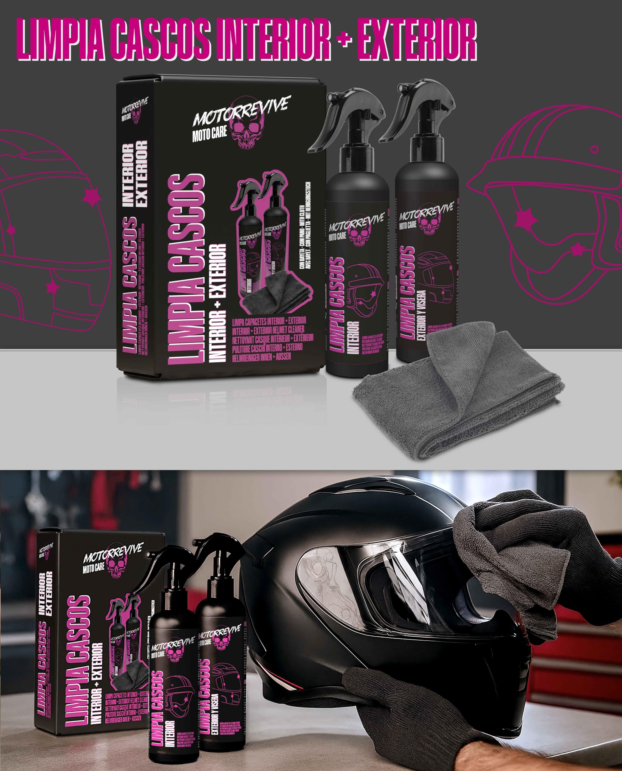 Pack Limpieza de Cascos de Moto 200 + 200 ml. Spray limpiador Interior + Exterior y Visera + Bayeta de Microfibra. Higiene Completa y Cuidado Profesional para Casco de Motocicleta